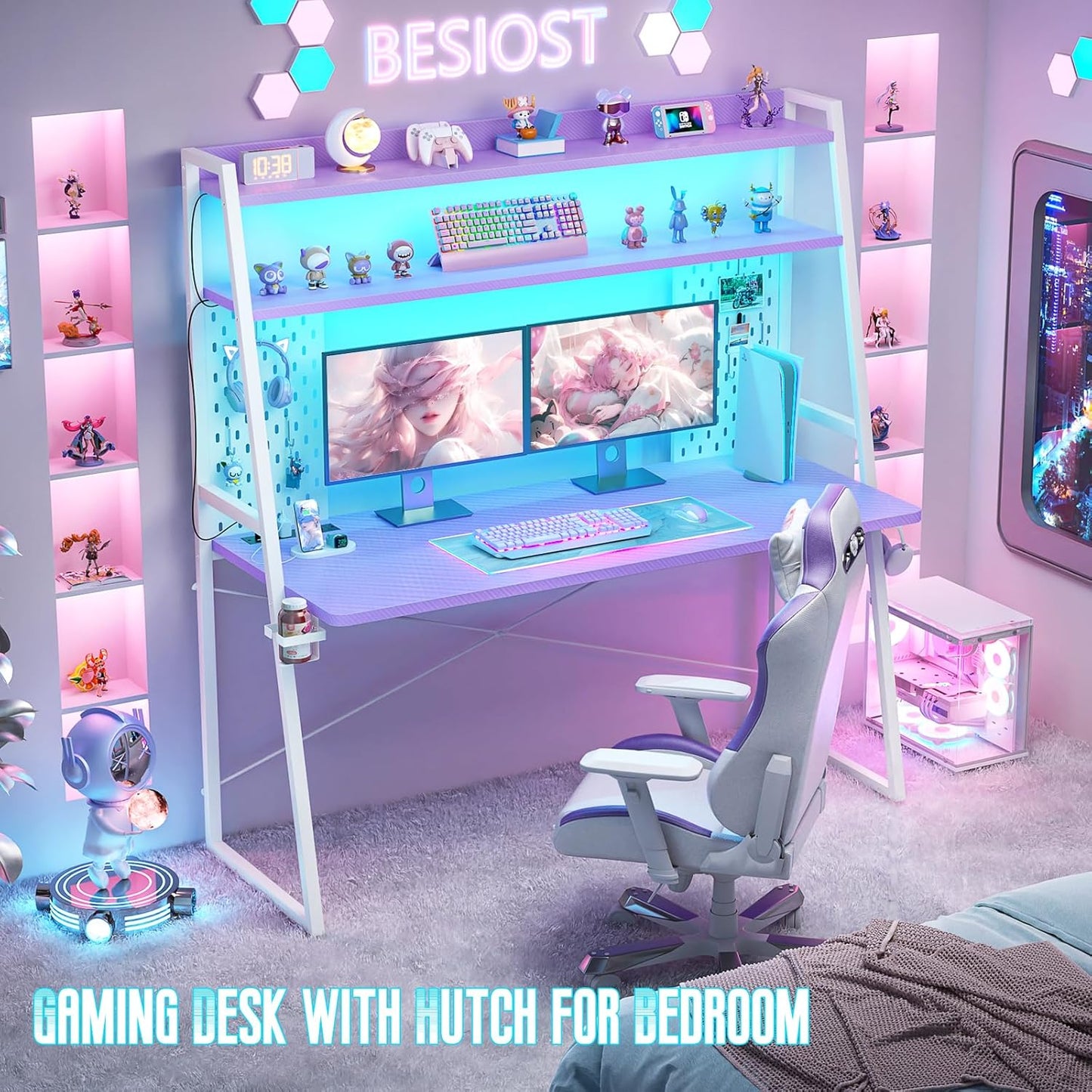 Gaming Desk with Hutch and LED Lights, Gaming Computer Desk with Power Outlets, Gamer Desk with Storage Shelves, PC Gamings Desk with Pegboards for Bedroom, Carbon Fiber Purple, 49"