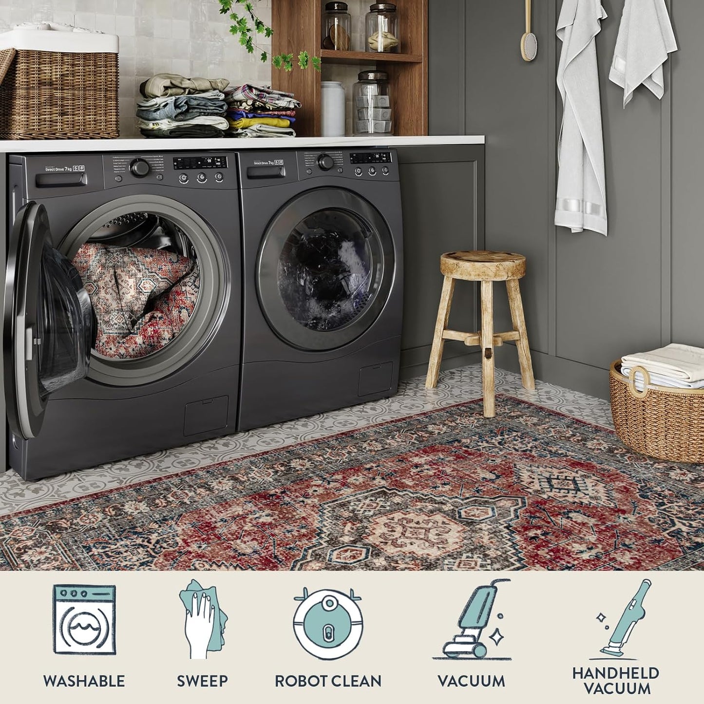 Lahome Oriental Washable Rugs for Bedroom, 4X6 Soft Living Room Rug Ultra-Thin Non-Slip Stain Resistant Vintage Low-Pile Throw Carpet for ‎Office Entryway, Brick Red