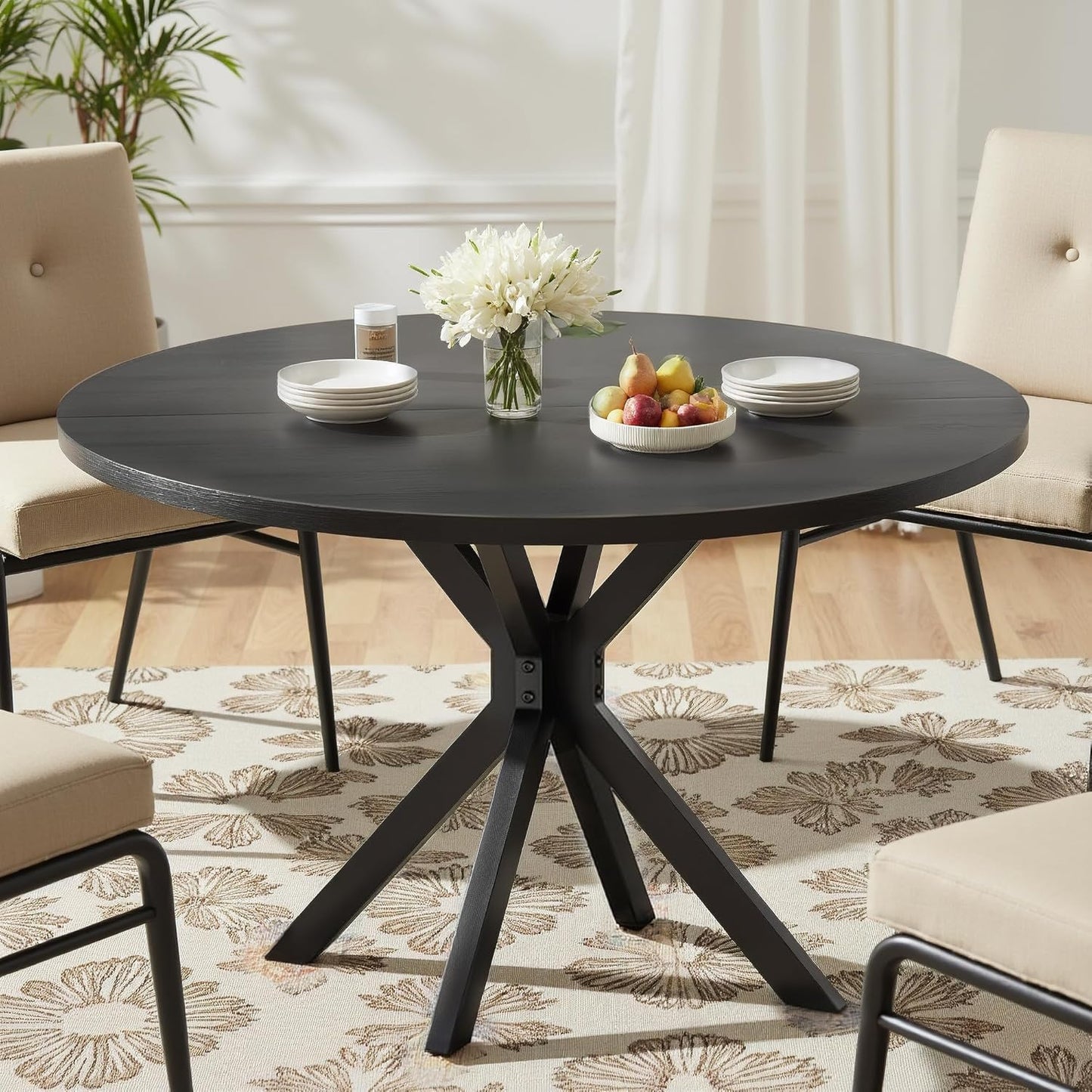47 Inch Round Dining Table for 4, Modern Round Dinner Table Small Mid Century Dining Room Tables, Leisure Kitchen Tables for Small Space, Kitchen, Living Room, Steel Legs, Black
