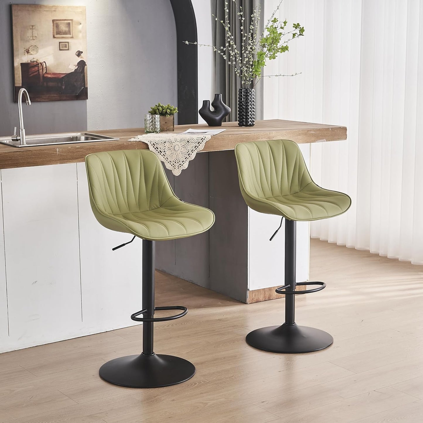 YOUNIKE Bar Stools Set of 2 for Kitchen Island, Grass Green Faux Leather Padded Counter Height Stools, Adjustable Swivel Barstools with Back, Modern Tall Stools with 300LBS Support