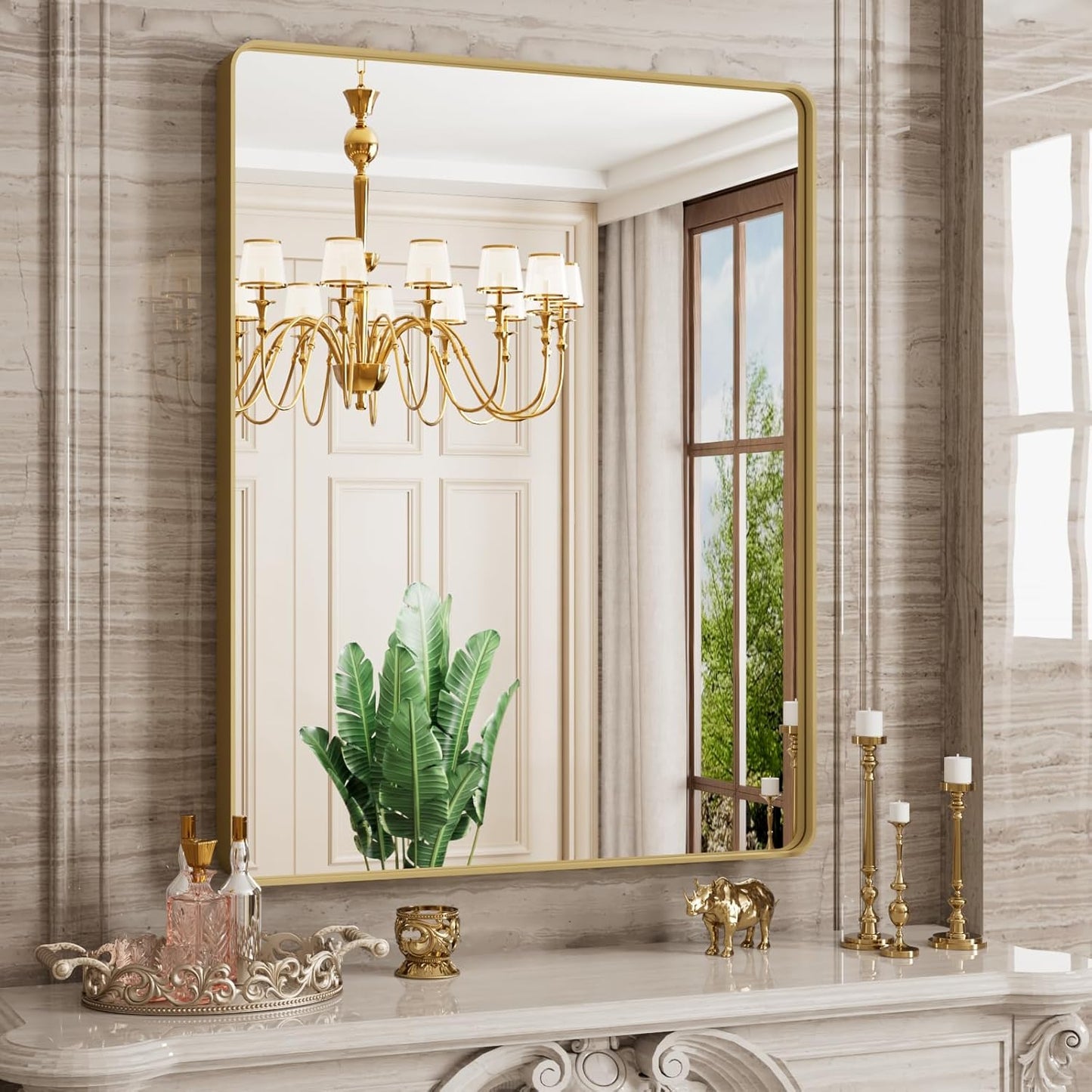 Gold Bathroom Mirror, 28x36 Inch Brushed Gold Metal Frame Mirror for Wall, Rounded Rectangle Bathroom Vanity Mirror, Tempered Glass, Anti-Rust, Horizontal/Vertical