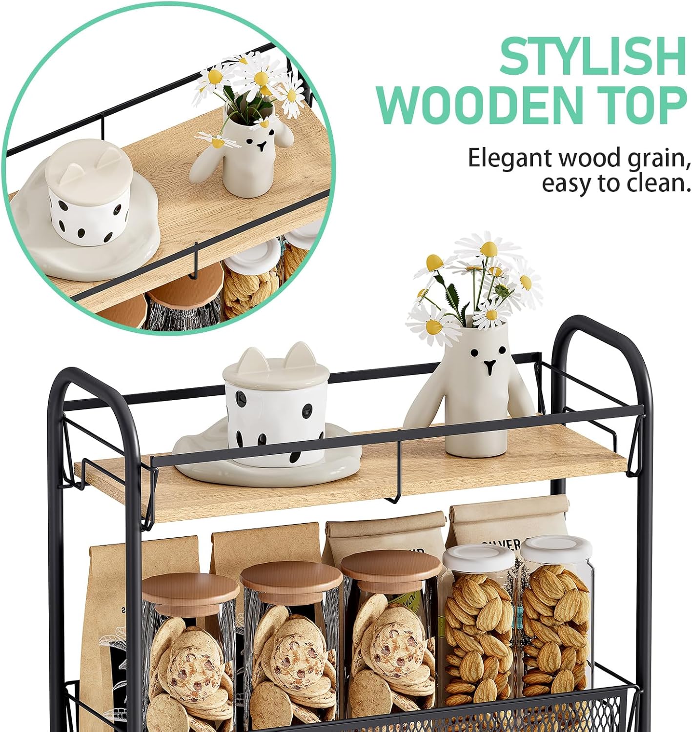 KINGRACK Metal Slim Rolling Cart,4-Tier Metal Utility Cart,Storage Cart with Wooden Tabletop, for Narrow Space on Laundry Bathroom Kitchen Room Bedroom Apartments Dormitory (Pure Black, Slim)