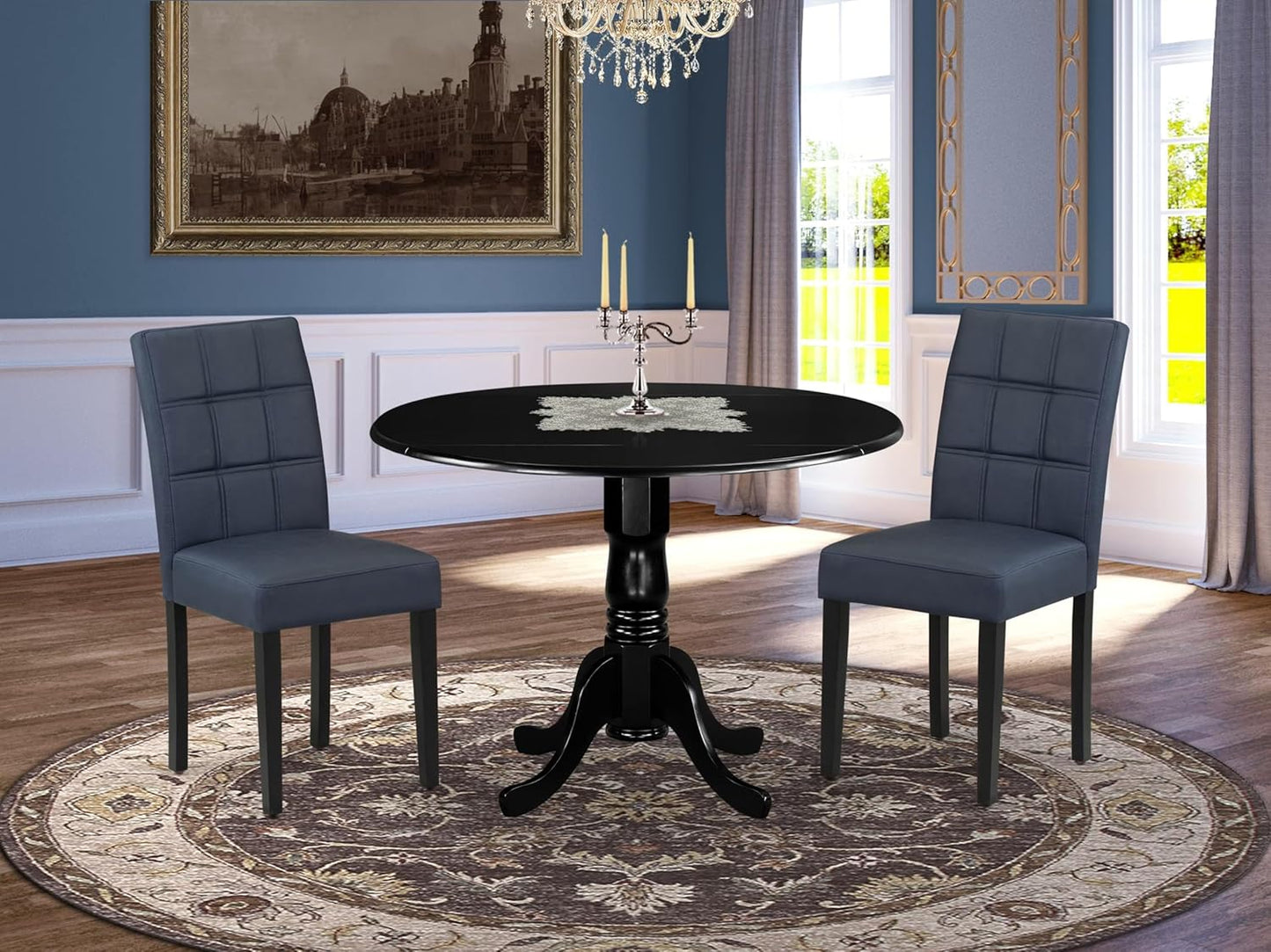 East West Furniture DLAS3-BLK-09 3 Piece Dining Table Set consists A Wood Table and 2 Dark Navy Blue Polyester Fabric Parson Dining Chair with Stylish Back- Black Finish