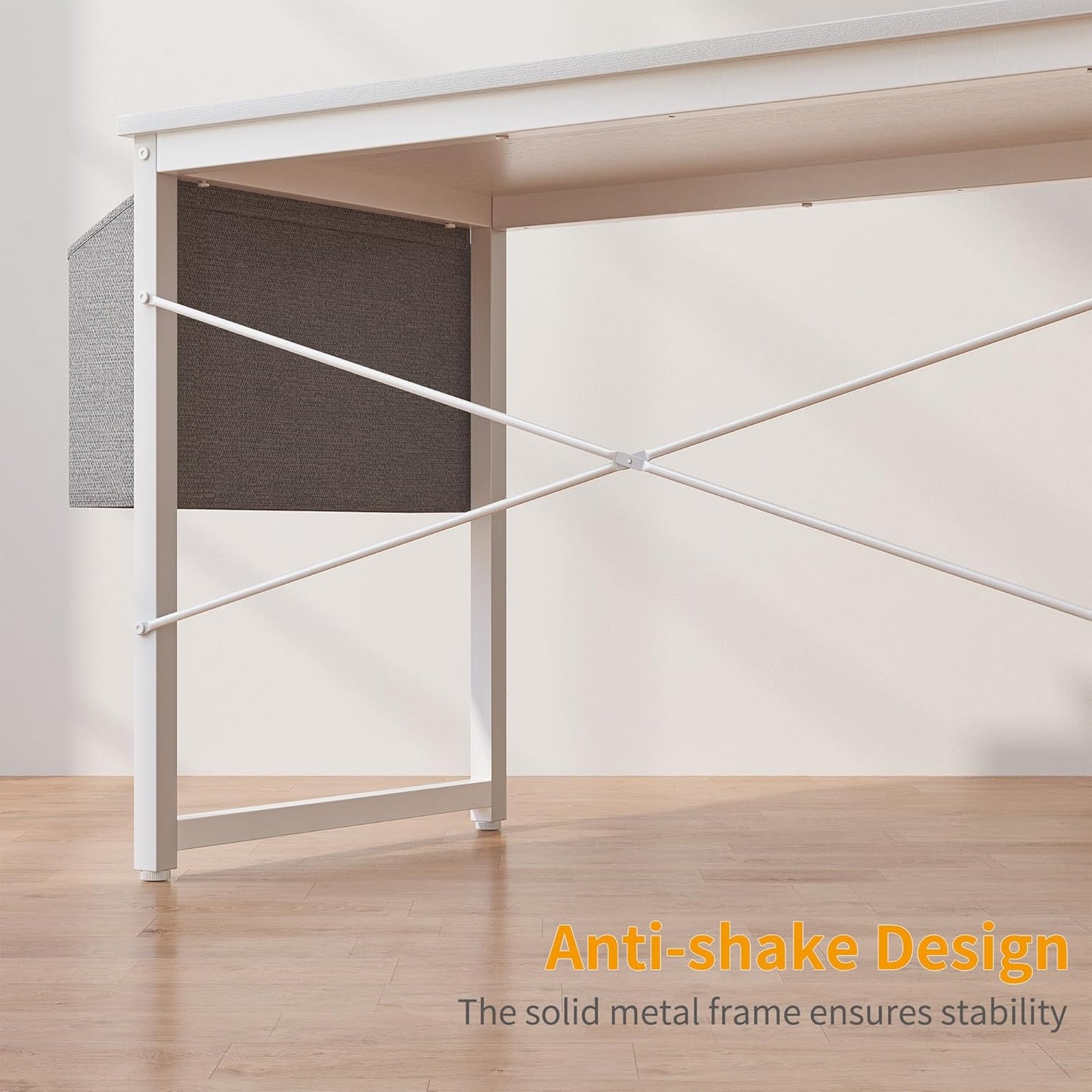 Cubiker Computer Desk 63 inch Home Office Writing Study Desk, Modern Simple Style Laptop Table with Storage Bag, White Metal Frame, White