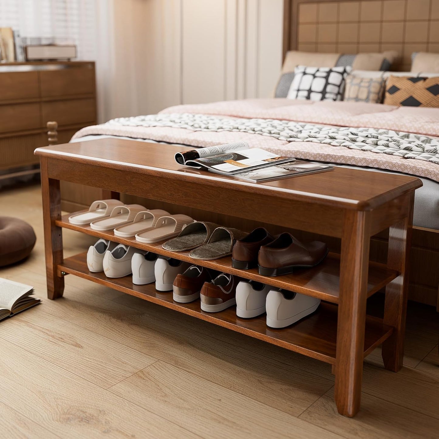 Shoe Storage Bench for Entryway - 3 Tier Shoe Rack for Front Door Entrance, Rubberwood Show Rack, Height Adjustable Entryway Bench with Shoe Storage for Any Room (Walnut, 39.4" W)