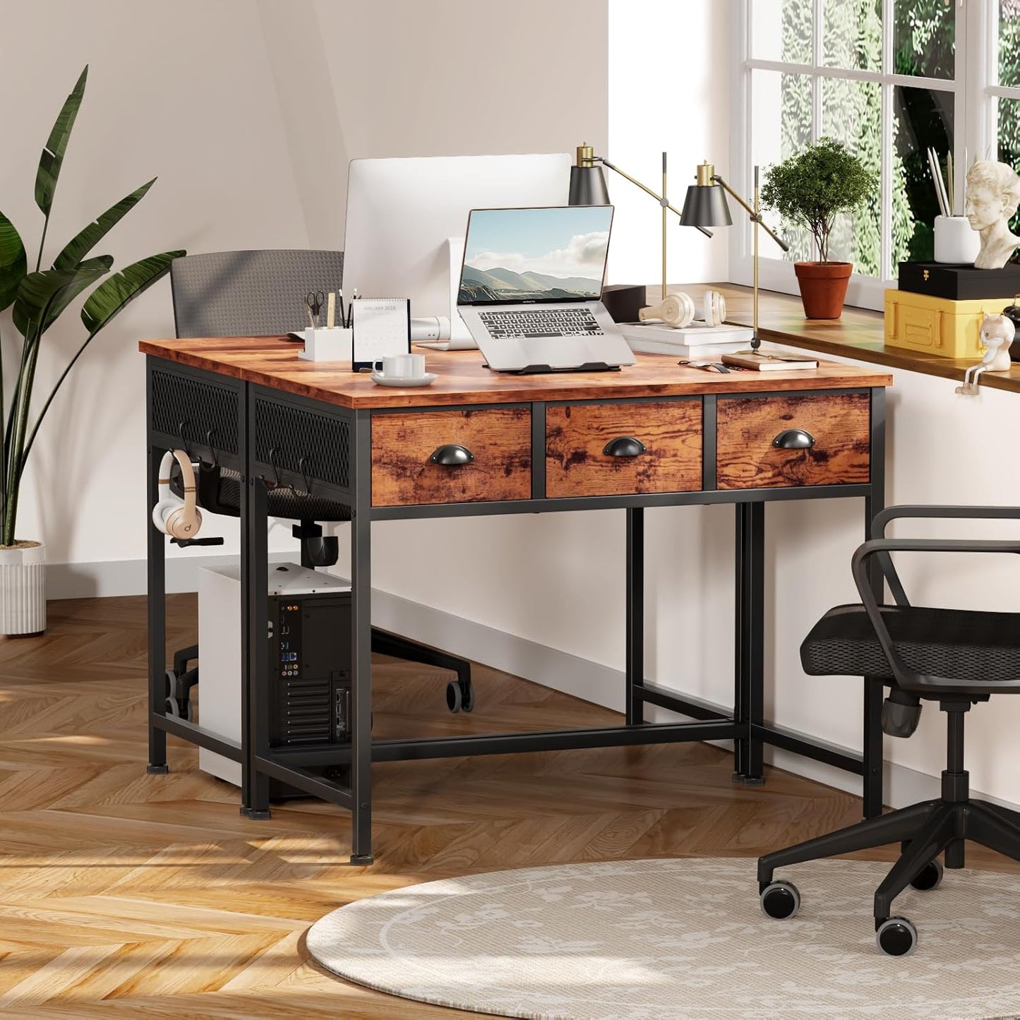 Furologee Small Computer Desk with 3 Fabric Drawers, 40 Inch Simple Home Office Desk, Writing Desk with Hooks, Study Table for Working Small Spaces, Makeup Desk for Bedroom, Rustic Brown