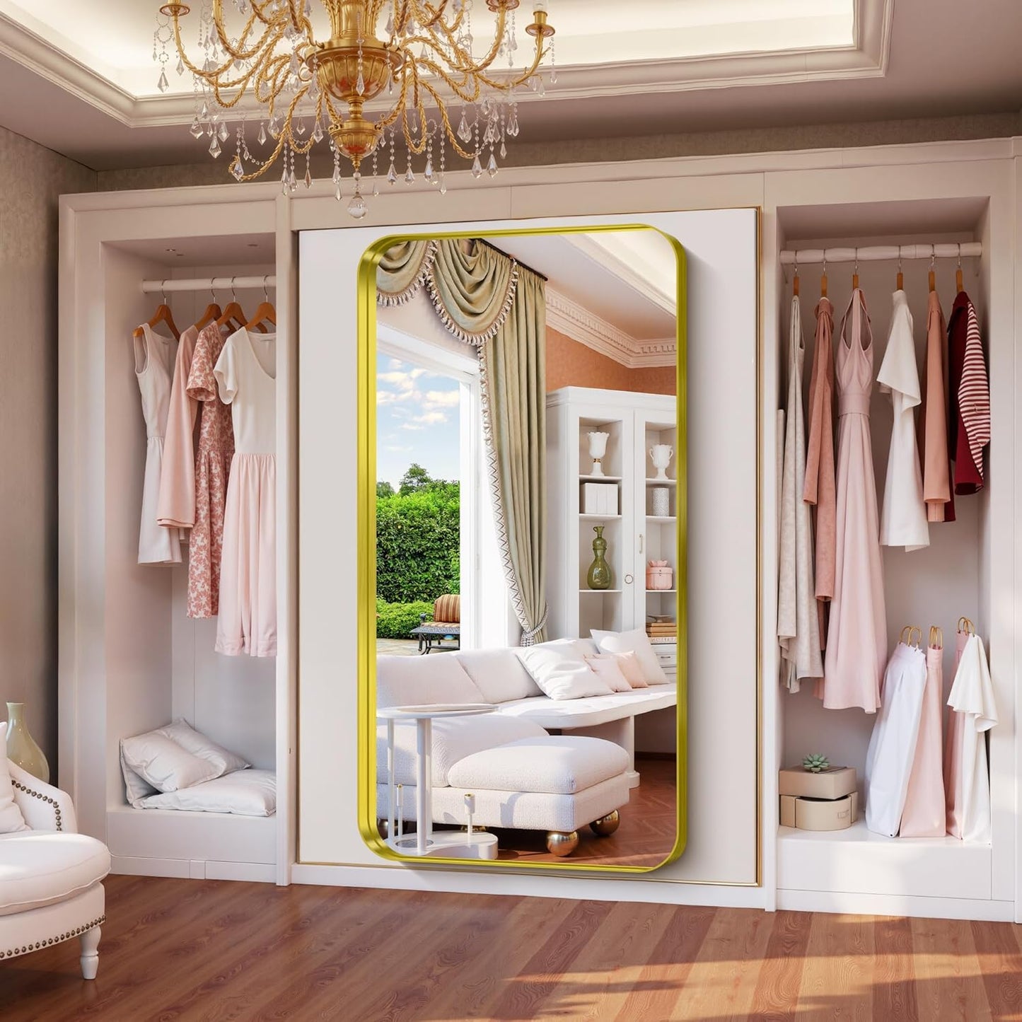 FORBATH 72x36 Inch Oversized Bathroom Mirror for Double Sinks, Brushed Gold Deep Frame Full Length Wall Mirror with Rounded Corners, Anti-Rust Tempered Glass(Horizontal/Vertical)