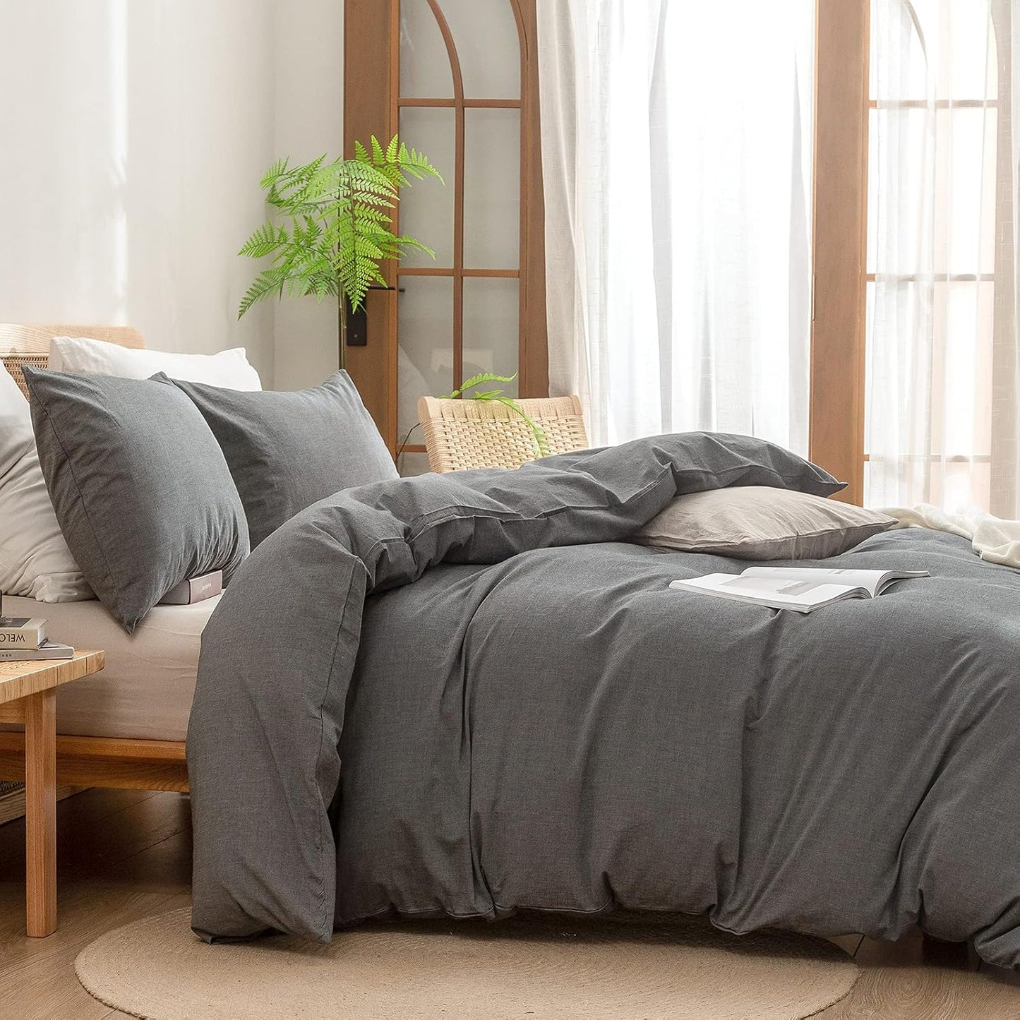 BESTOUCH Duvet Cover Set 100% Washed Cotton Linen Feel Super Soft Comfortable Chic Lightweight 3 PCs Home Bedding Set Solid Dark Grey Cal King