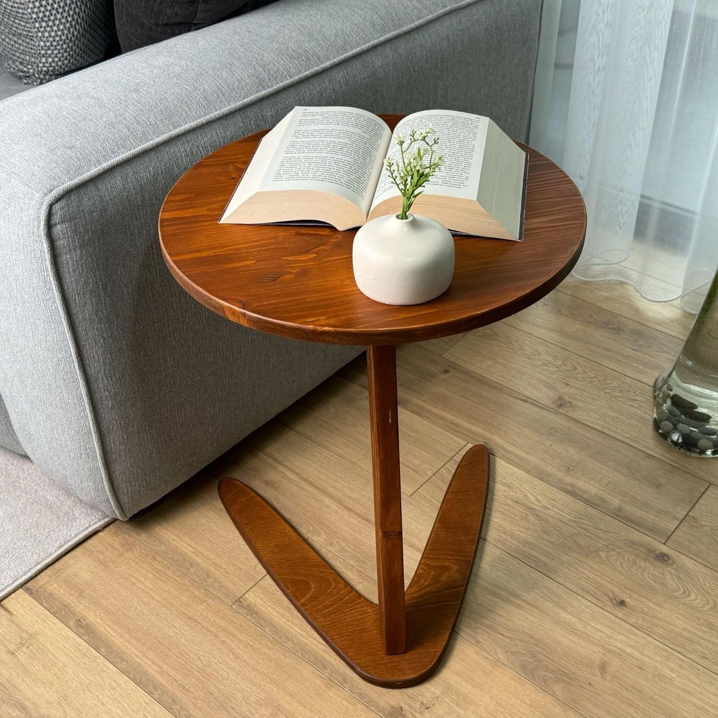 C-Shaped Handmade End Table, Side Table for Couches, Sofa Tables Slide Under Couch for Living Room, Over Couch TV Tray Table for Small Spaces (Large, Chestnut)
