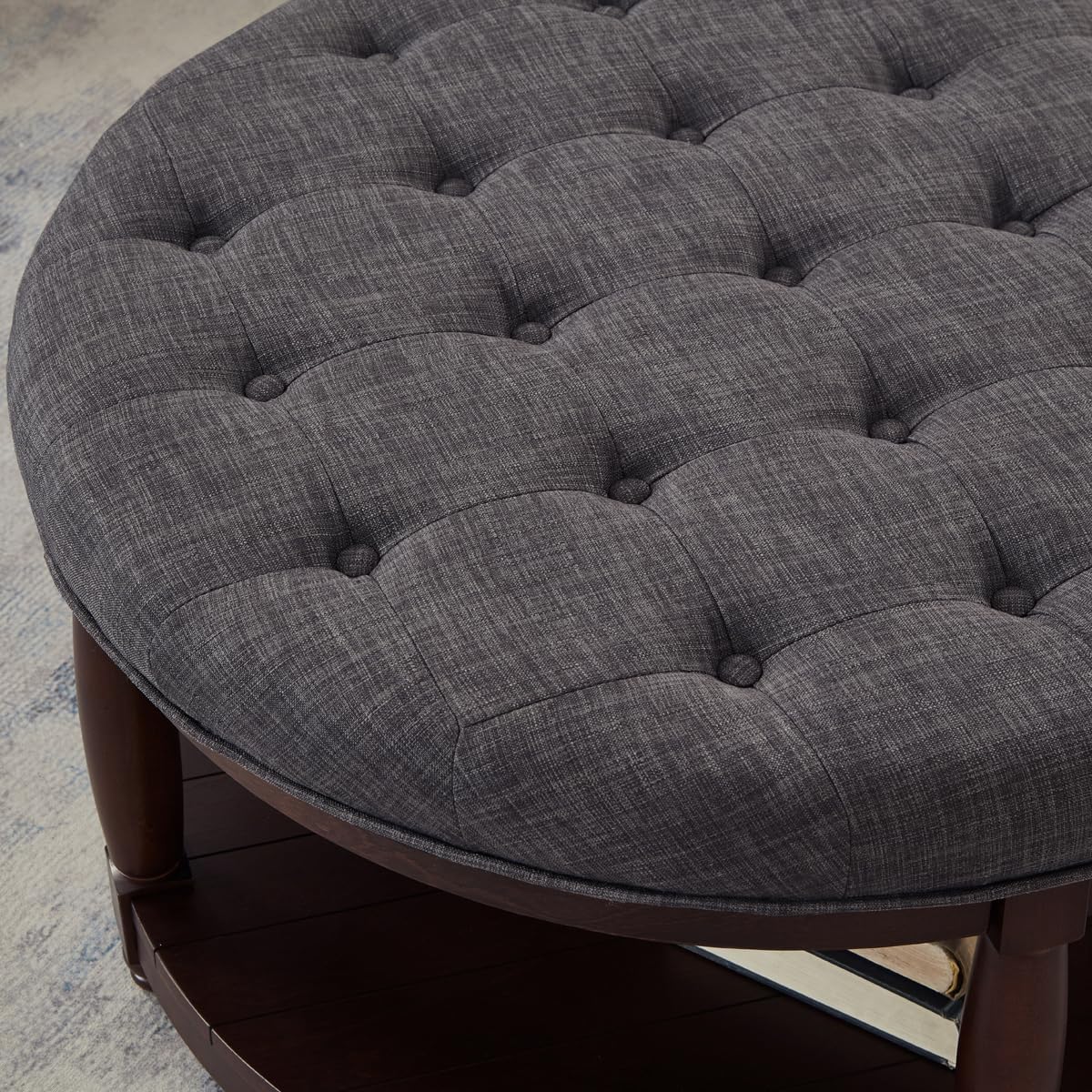 24KF Upholstered Round Coffee Table with Wooden Shelf, Tufted Button Large Round Ottoman with Spindle Wooden Legs, Linen Large Footrest Ottoman Pouf for Living Room, Dark Gray