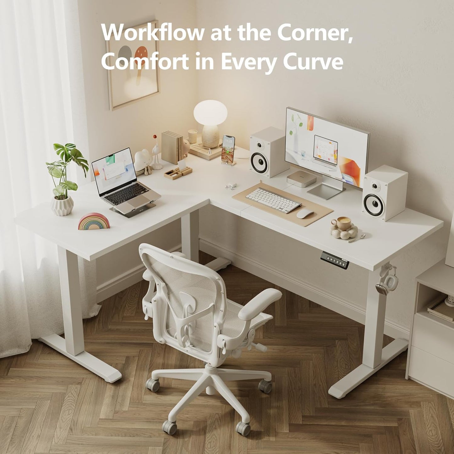 Agilestic 59 Inch L Shaped Standing Desk Adjustable Height, Electric Corner Standing Desk, Sit Stand Computer Table with Splice Board, White