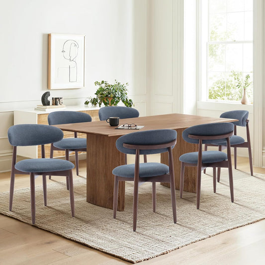 COLAMY Wooden Dining Chairs Set of 6, Modern Fabric Upholstered Dining Room Chair, Farmhouse Kitchen Chairs with Foot Pegs, Blue