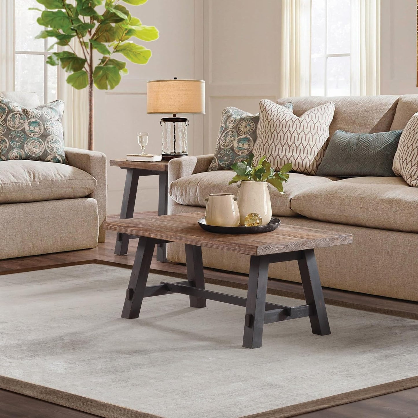 Alaterre Furniture Adam 42-Inch Solid Wood Rustic Coffee Table - Easy Assembly Industrial Style with Natural Finish Living Room Accent Furniture