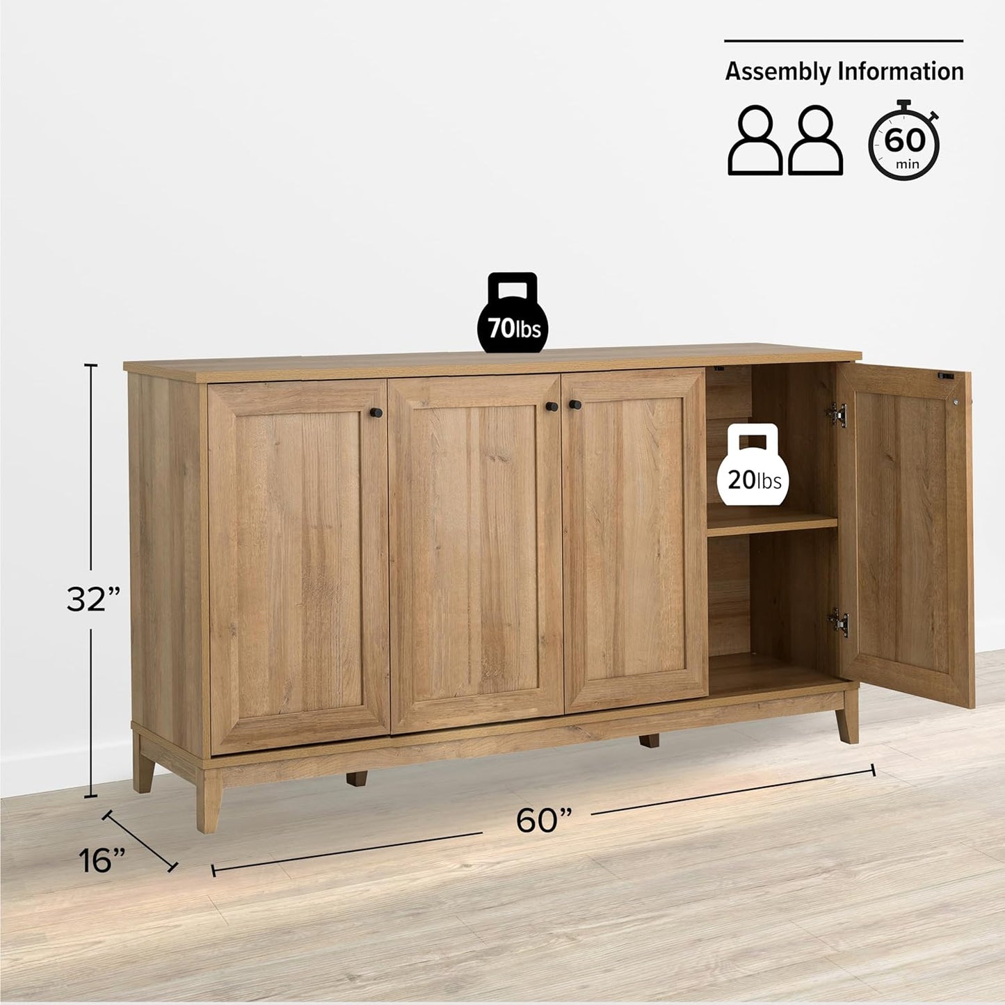 Prepac Yaletown 4 Panel Door Console Table with Storage, Oak Storage Cabinet with Doors and Shelves, Sideboard Storage Cabinet 60" W x 32" H x 16" D, OCBG-2220-1