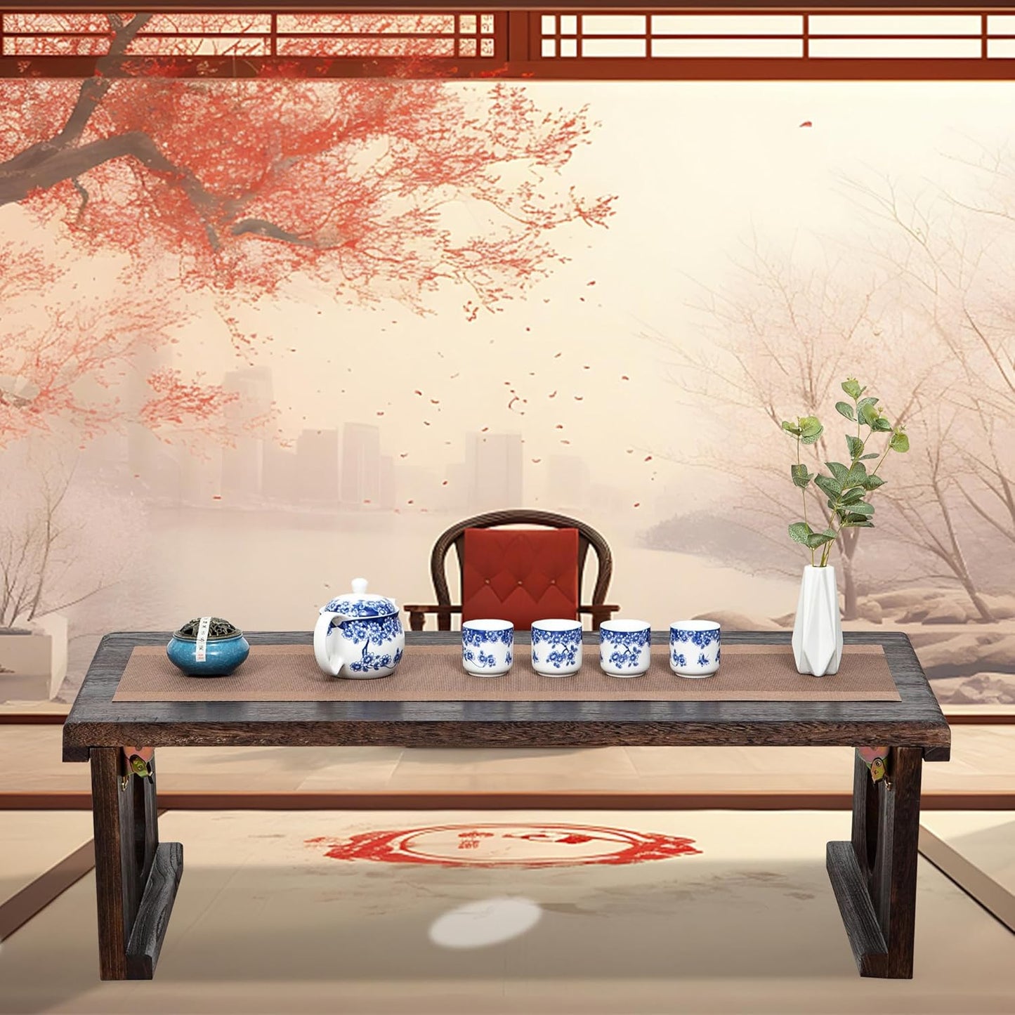 Foldable Japanese Coffee Table，Folding Japanese Floor Table，Natural Brown Coffee Table, Minimalist Tatami Table, Suitable for Living Room,Dining Room, Etc. (Antique Black, 39.4″x19.7″x11.8″)