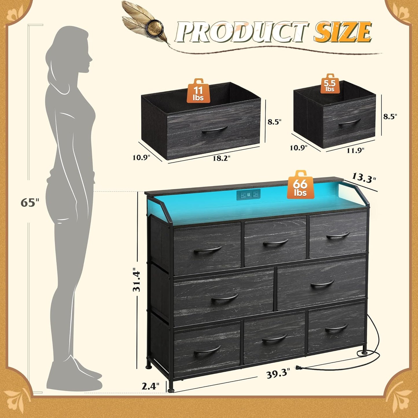 WLIVE Led Dresser for Bedroom, TV Stand for Bedroom with LED Lights and Power Outlet, Wide Chest of Drawers for Hallway, 8 Fabric Drawers for Living Room and Entryway, Charcoal Black Wood Grain Print