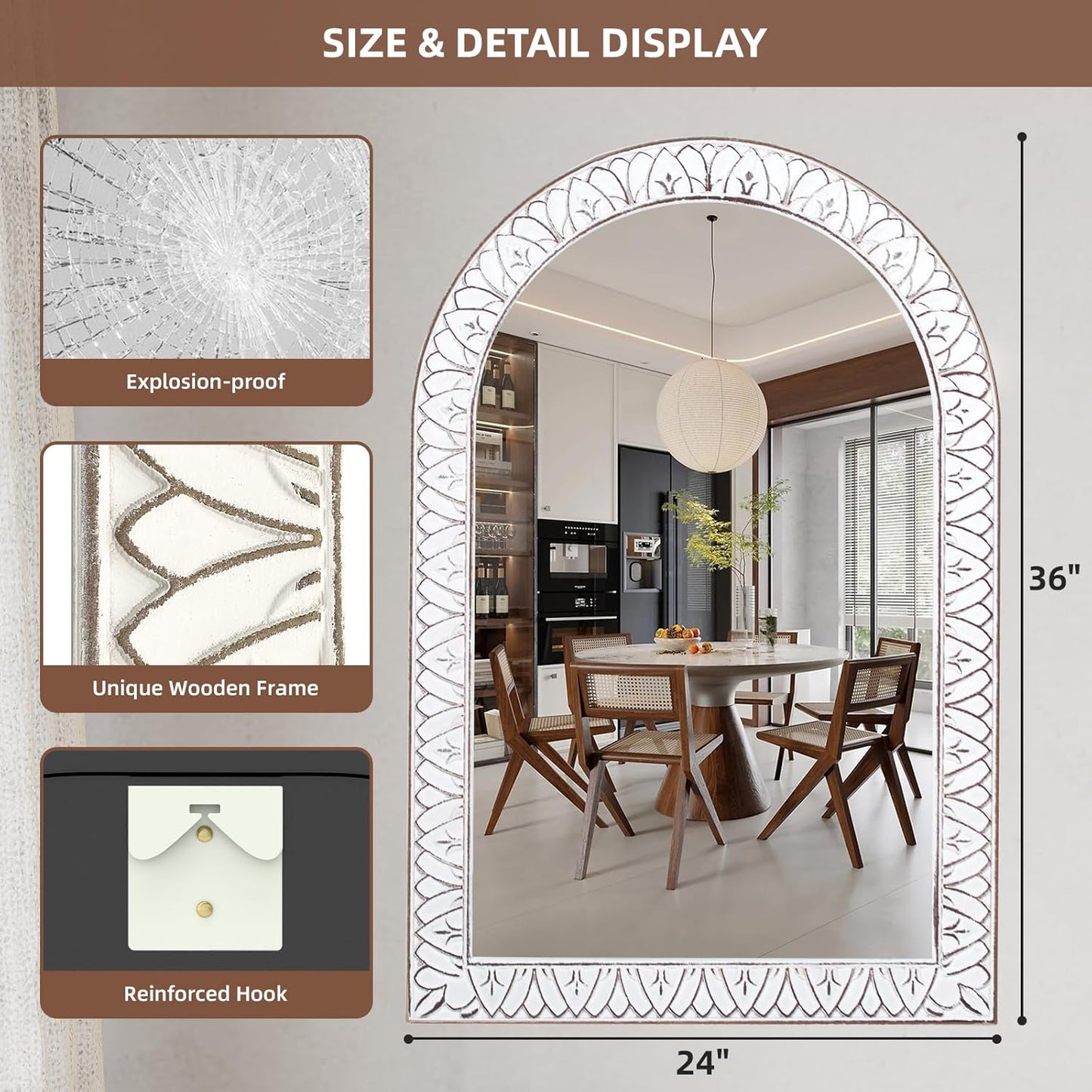 36x24 Inch Arched Wall Mirror with Wooden Frame, Rustic Farmhouse Decorative Arch Mirrors for Bathroom, Bedroom, Living Room, Entryway & Kitchen