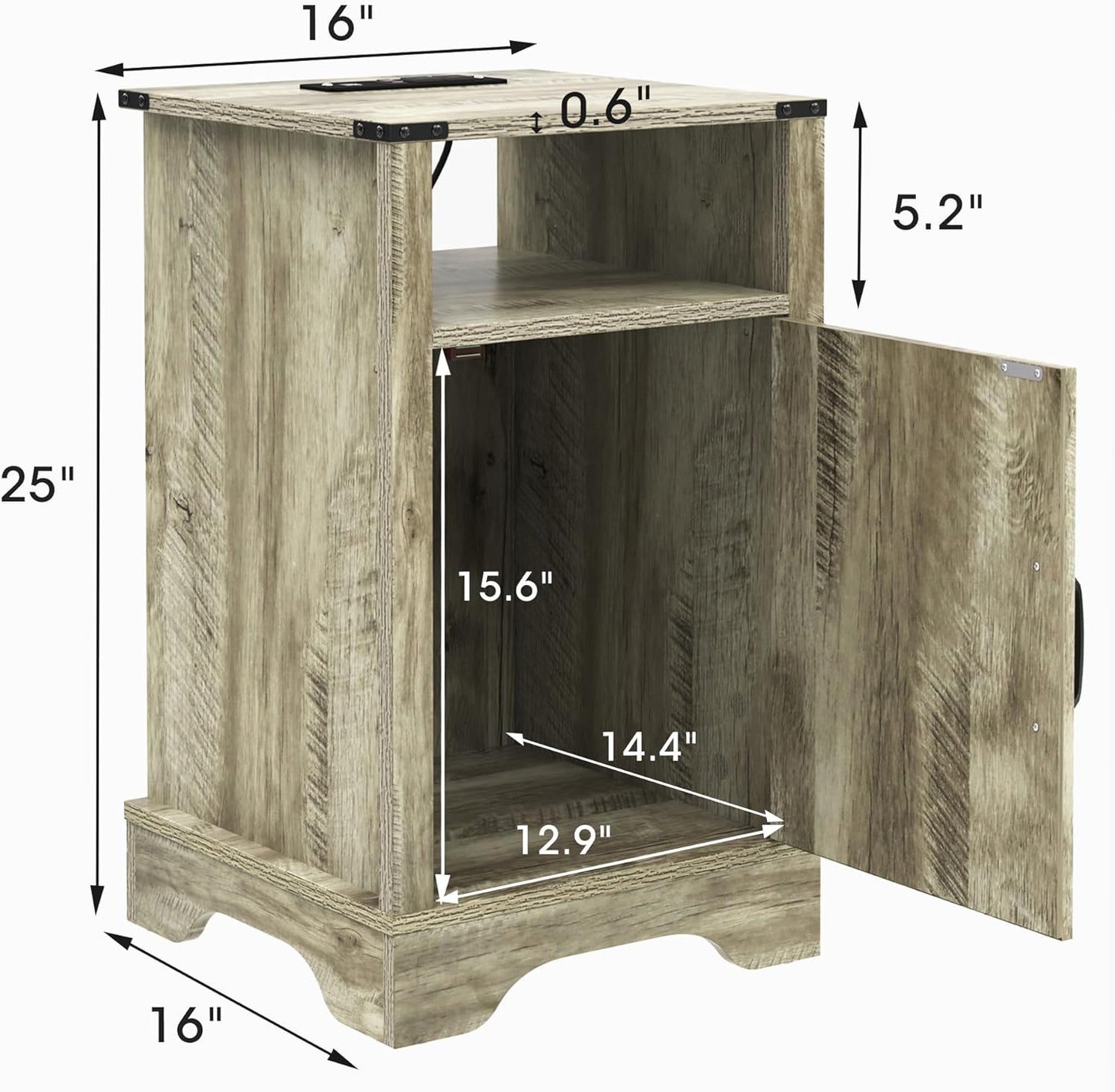RoyalCraft Nightstand Set of 2, Grey End Table with Charging Station, Tall Farmhouse Bedside Table with Large Storage and Shelf, Wooden Side Table with for Bedroom, Home Office, Light Grey