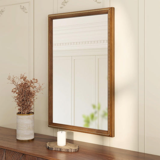 Axeman 24x36 Wood Wall Mirror, Rustic Bathroom Mirror, Vintage Wall Mounted Mirror Tempered Glass with Beaded Wooden Frame for Farmhouse Living Room Vanity Bedroom Entryway, Bronze