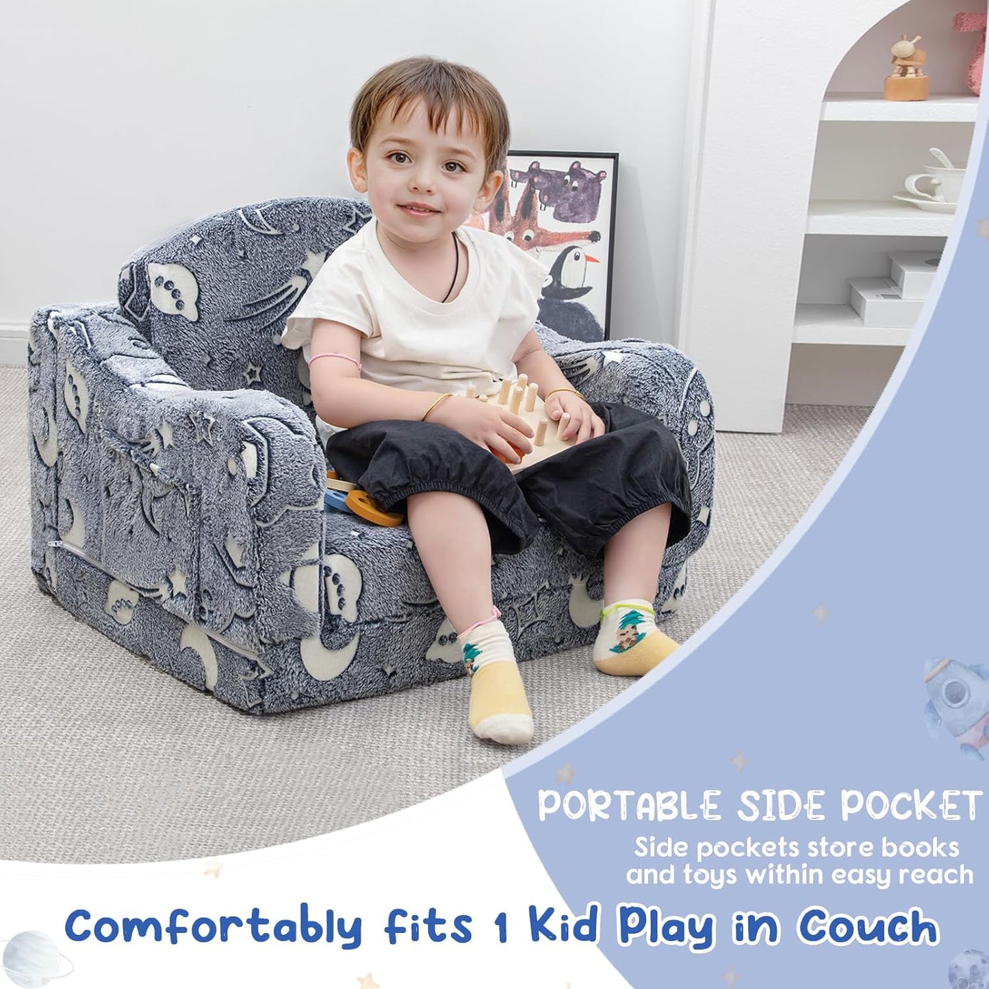 Comfy Toddler Couch and Chair for Kids with Blanket, 2-in-1 Soft Plush Fold Out Kids Sofa Chairs for Girls and Boys, Convertible Sofa to Lounger for Playroom, Glowing Starry Sky
