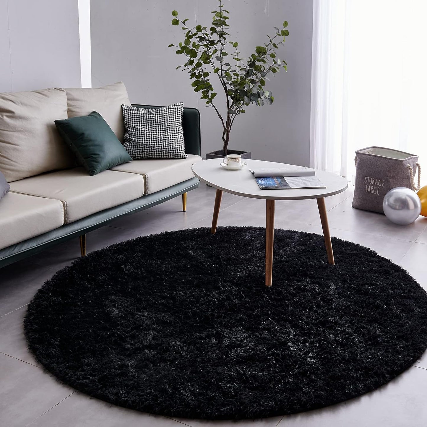 FJZFING Black Round Rug Ultra-Soft Plush Modern 6x6 Circle Area Rug for Kid's Bedroom, Fluffy Shag Circular Rug for Nursery Room, Non-Slip Home Decor Cute Black Carpet for Teen's Room