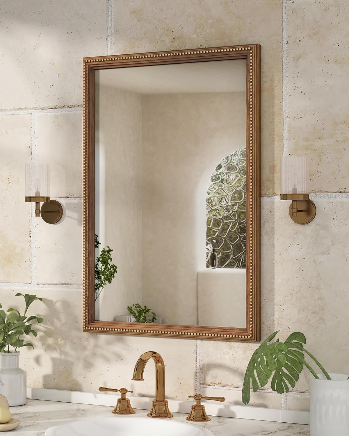 Axeman 24x36 Wood Wall Mirror, Rustic Bathroom Mirror, Vintage Wall Mounted Mirror Tempered Glass with Beaded Wooden Frame for Farmhouse Living Room Vanity Bedroom Entryway, Bronze