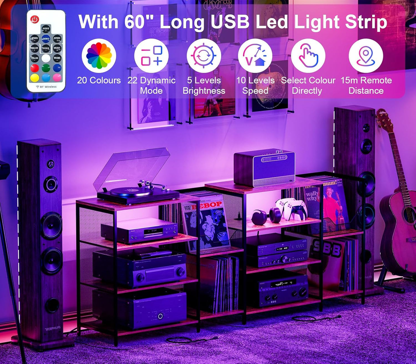 Large Record Player Stand Table with vinyl record holder, AV Media Stand With Charging Station & USB Ports, Stereo Cabinet Stand with Led Strip Light, Sturdy, Adjustable Feet, Rustic, Large Capacity