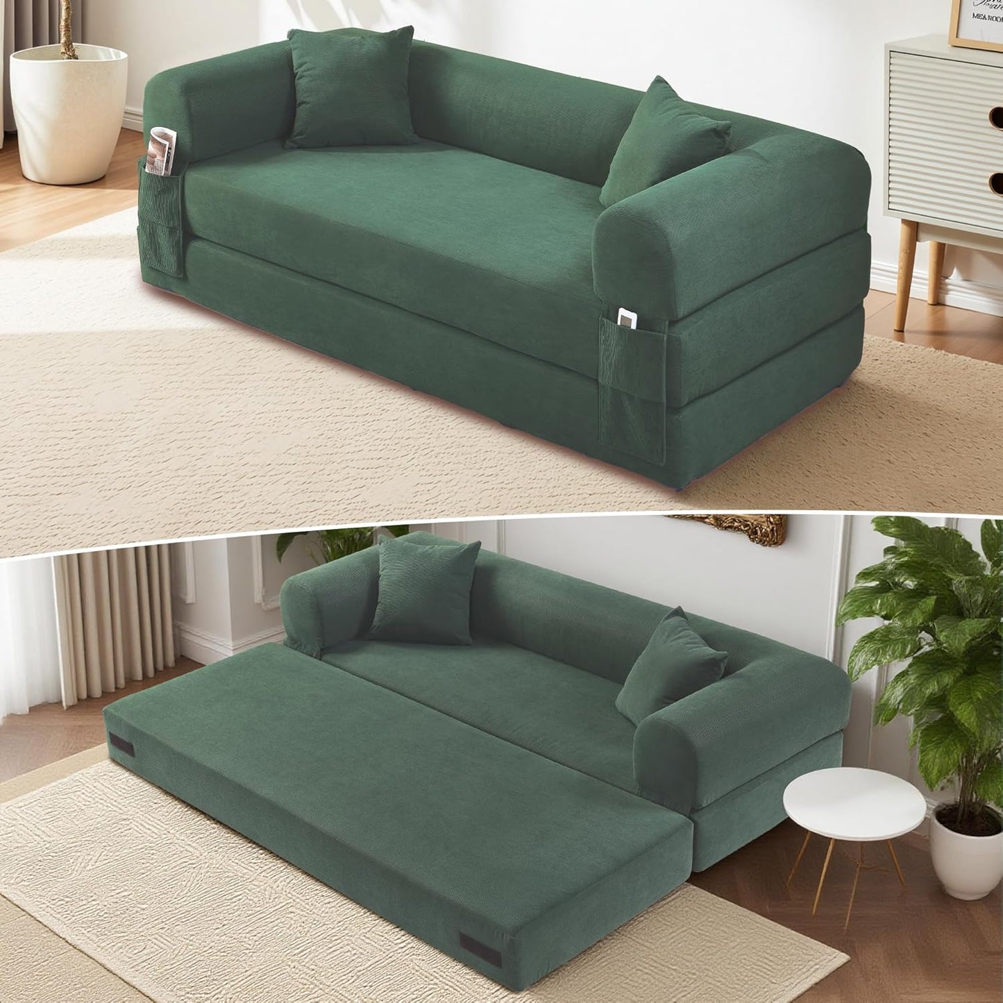 80" Convertible Sofa Bed, Corduroy Deep Seat Folding Pull Out Couch with Pillows, No Assembly Modern Boneless Couch Compression Sofa in Box, Floor Sofa with Storage Pocket for Living Room,Light Green