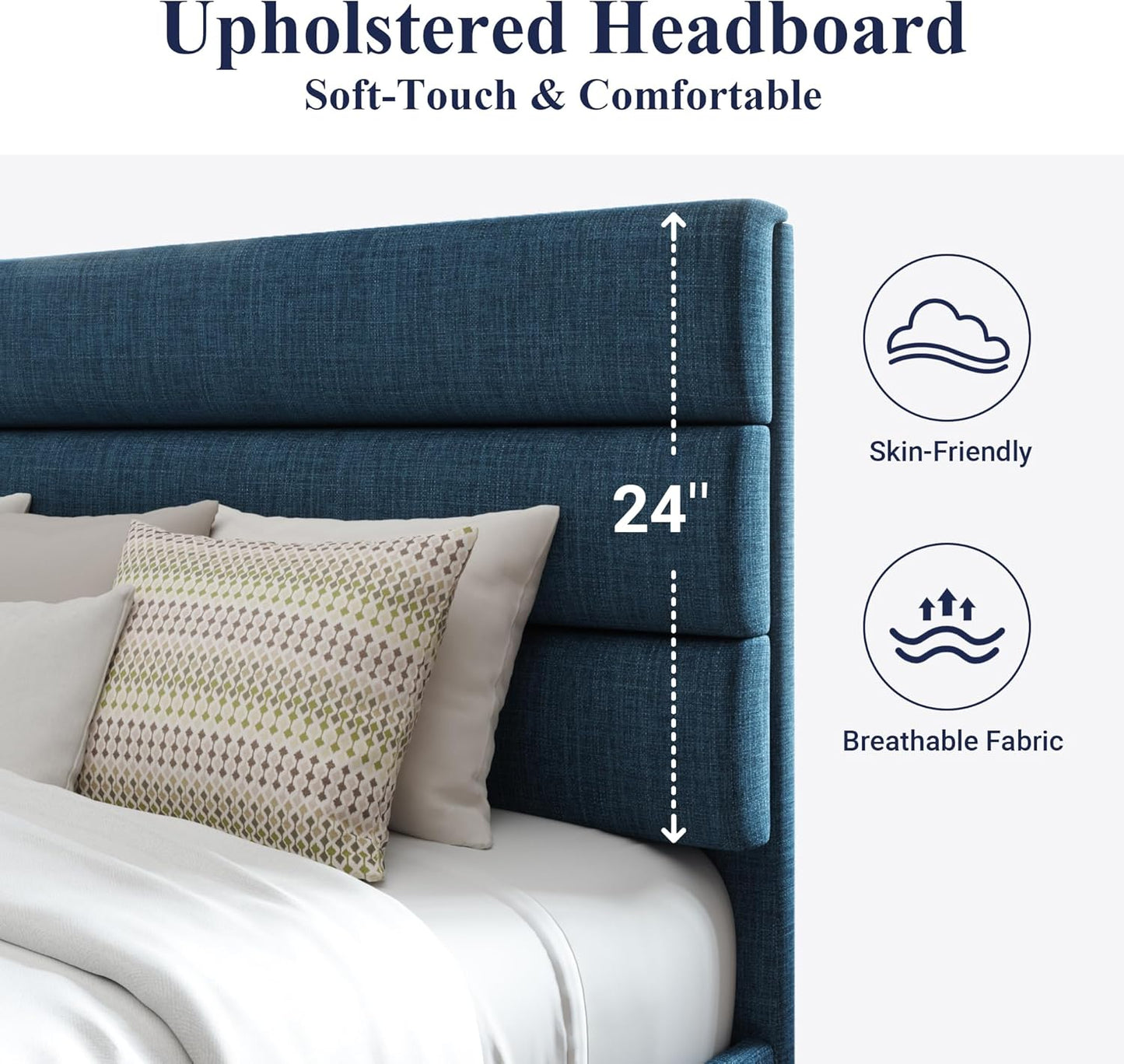 Allewie Queen Size Platform Bed Frame with Fabric Upholstered Headboard and Wooden Slats Support, Fully Upholstered Mattress Foundation/No Box Spring Needed/Easy Assembly, Navy Blue