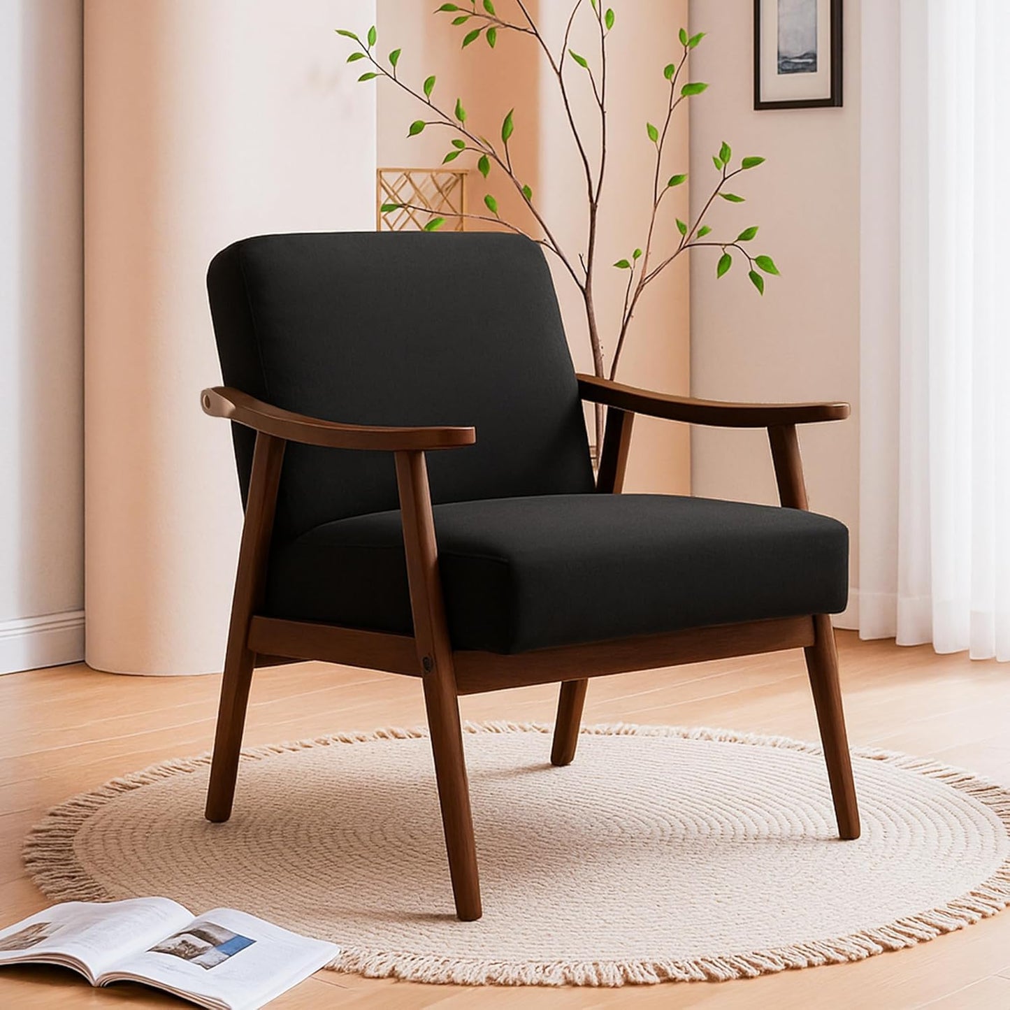 Container Furniture Direct Accent Chair with Microfiber Upholstery and Solid Wood Frame, Classic Mid-Century Modern Living Room Furniture for Extra Seating, Black