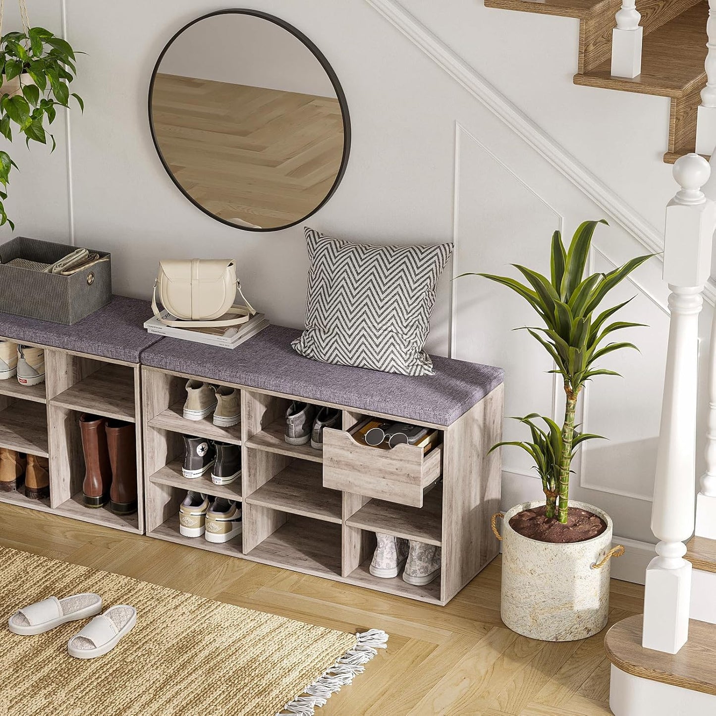 DINZI LVJ Shoe Bench,Entryway Storage Bench with Drawer and 8 Cubbies,Cubby Rack Adjustable Shelves,Shoe Organizer Cabinet for Living Room,Bedroom,Mudroom,Closet Garage,Greige