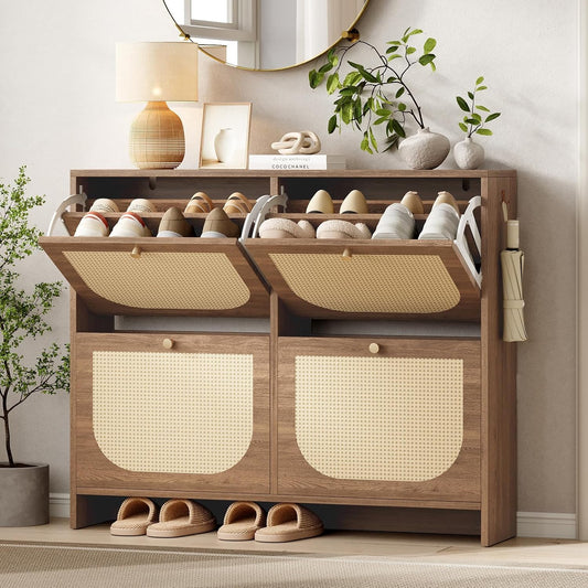 Nicetree Shoe Cabinet Storage for Entryway, Farmhouse Slim Shoe Organizers with 4 Flip Drawers, Freestanding Large Shoe Rack with 3-Tier Adjustable Shelves for Hallway,Foyer, Rustic (Oak)