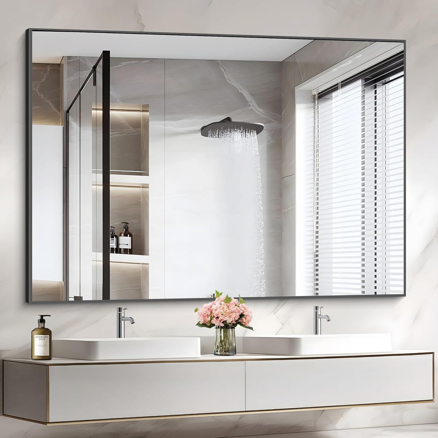 36x50inch Bathroom Mirror, Black Rectangle Mirror with Thin Metal Frame, Large Rectangular Wall Mirror for Bathroom, Living Roomm, Hair Salon, Big Farmehouse Mirror Hang Horizontal/Vertical