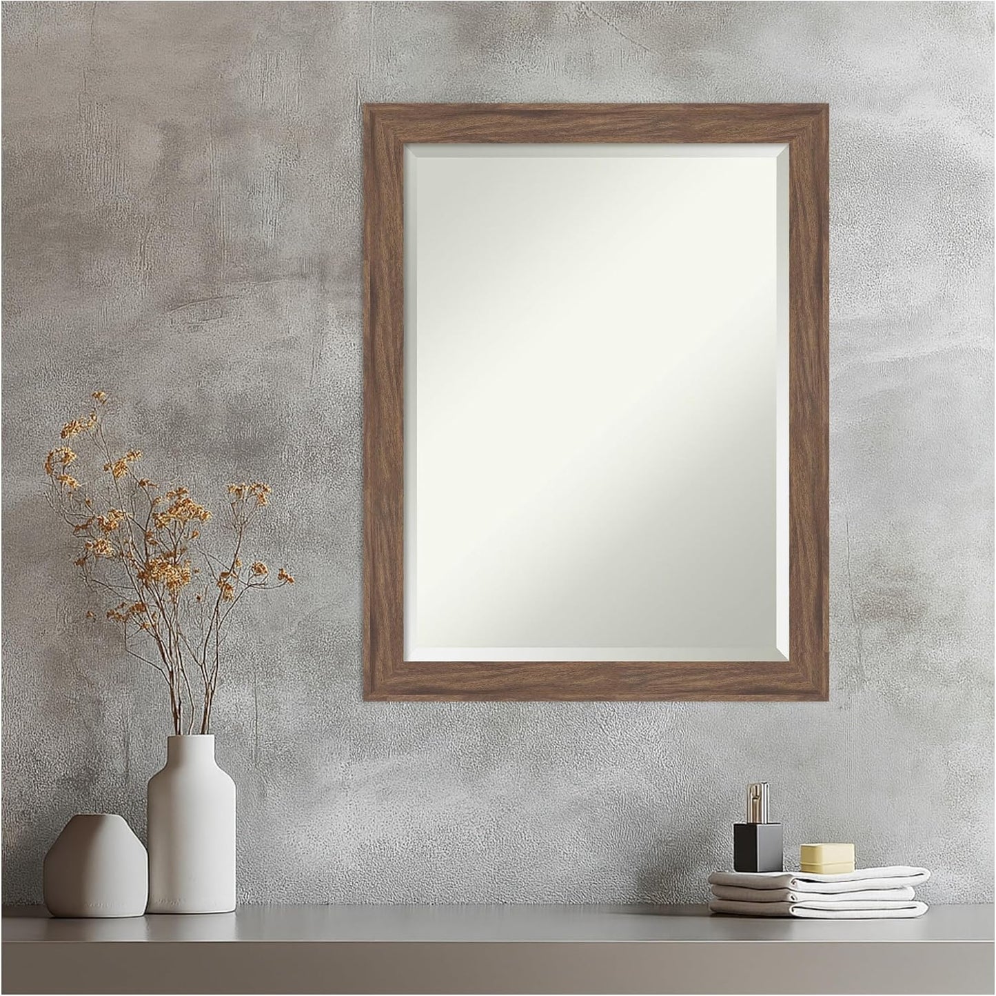 Amanti Art Brown Wall Mirror 27x21 Pia Medium Brown Narrow Rectangle Bathroom Mirror for Wall Decor Living Room, Medium Casual Frame, Hangs Horizonally and Vertically, Bathroom Decor, Beveled Edge