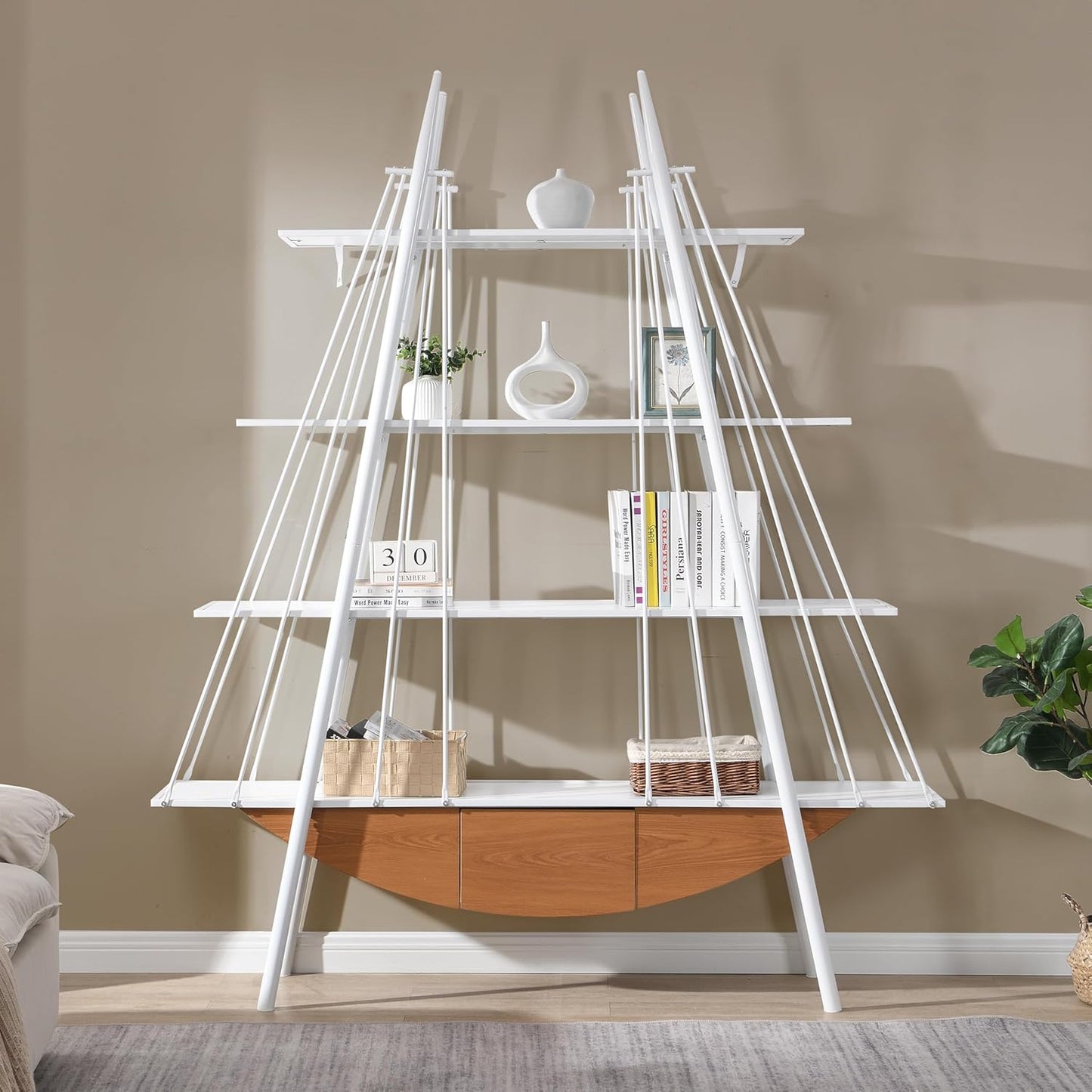 4 Tier Modern Boat-Shaped Bookshelf with Drawer, White & Brown, 84.3" Tall Vertical Ladder Shelf for Storage Display Decoration, Sturdy MDF & Metal Industrial Frame, for Living Room