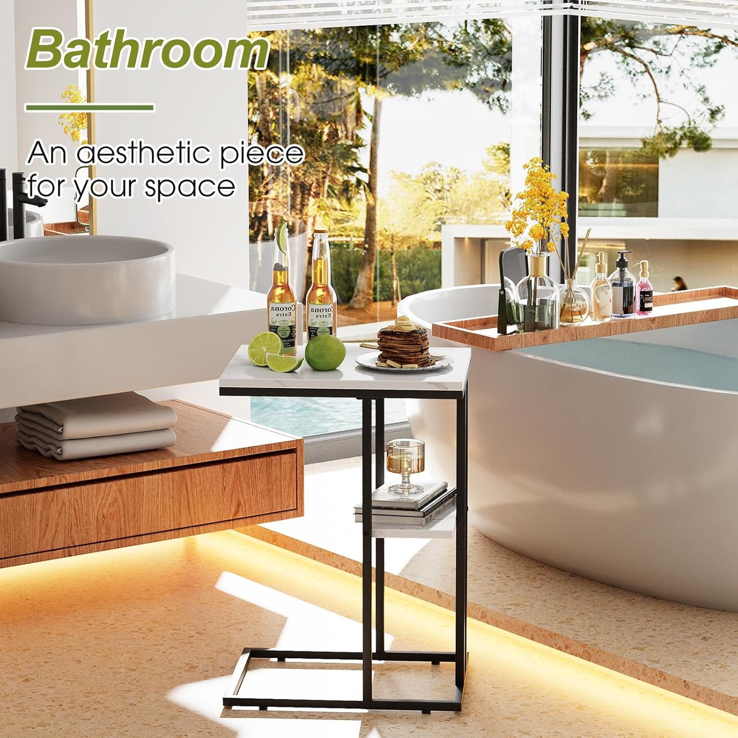 Easy Paws C Shaped End Table,Small Side Table for Couch and Bed, Gold Snack Couch Table for Small Spaces, Living Room, Bedroom,Bedside (White Marble)