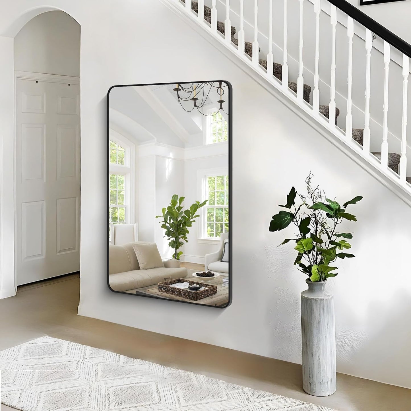 55x36 inch Bathroom Mirror,Black Rectangle Mirror,Wall Mounted Bathroom Frame Vanity Mirror with Round Corner for Bedroom Living Room, Entryway Hangs Horizontal or Vertical