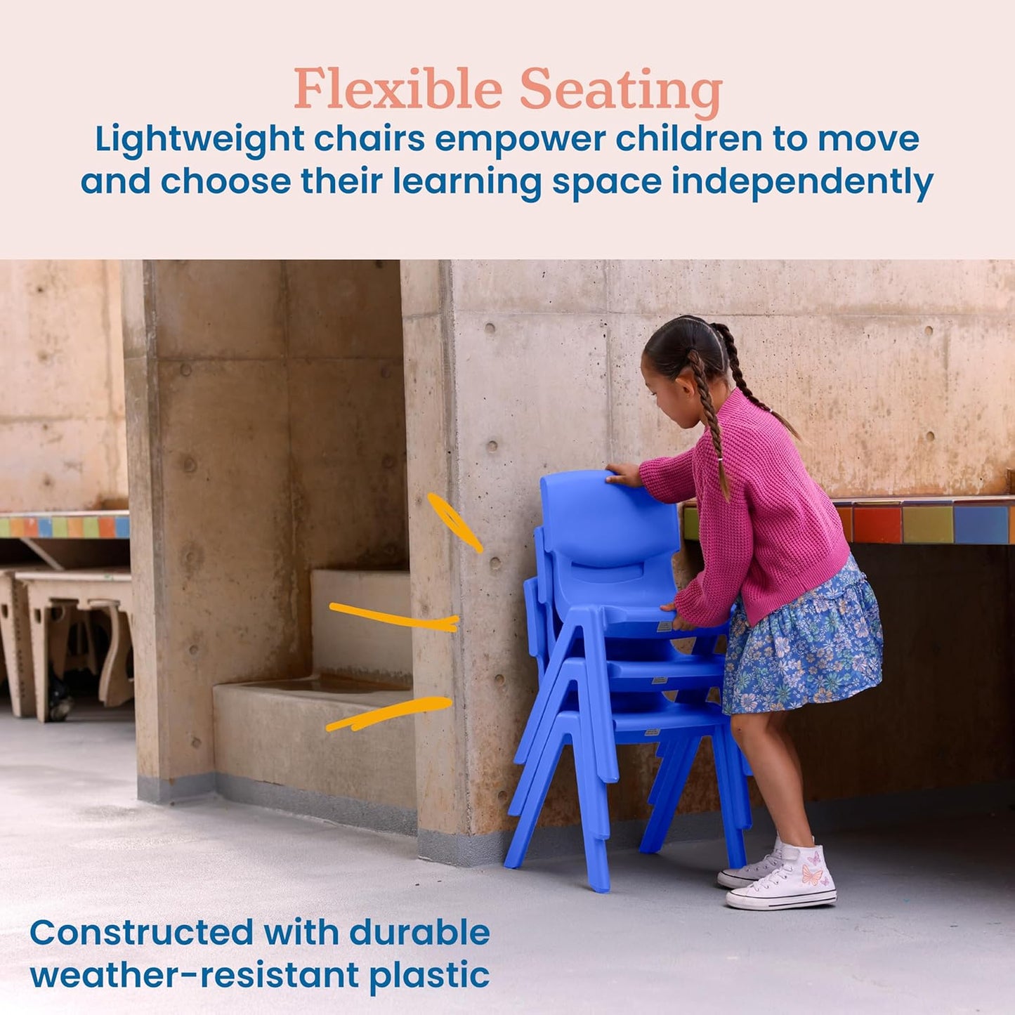 ECR4Kids 14in Plastic School Stack Chair, Classroom Furniture, Blue, 4-Pack