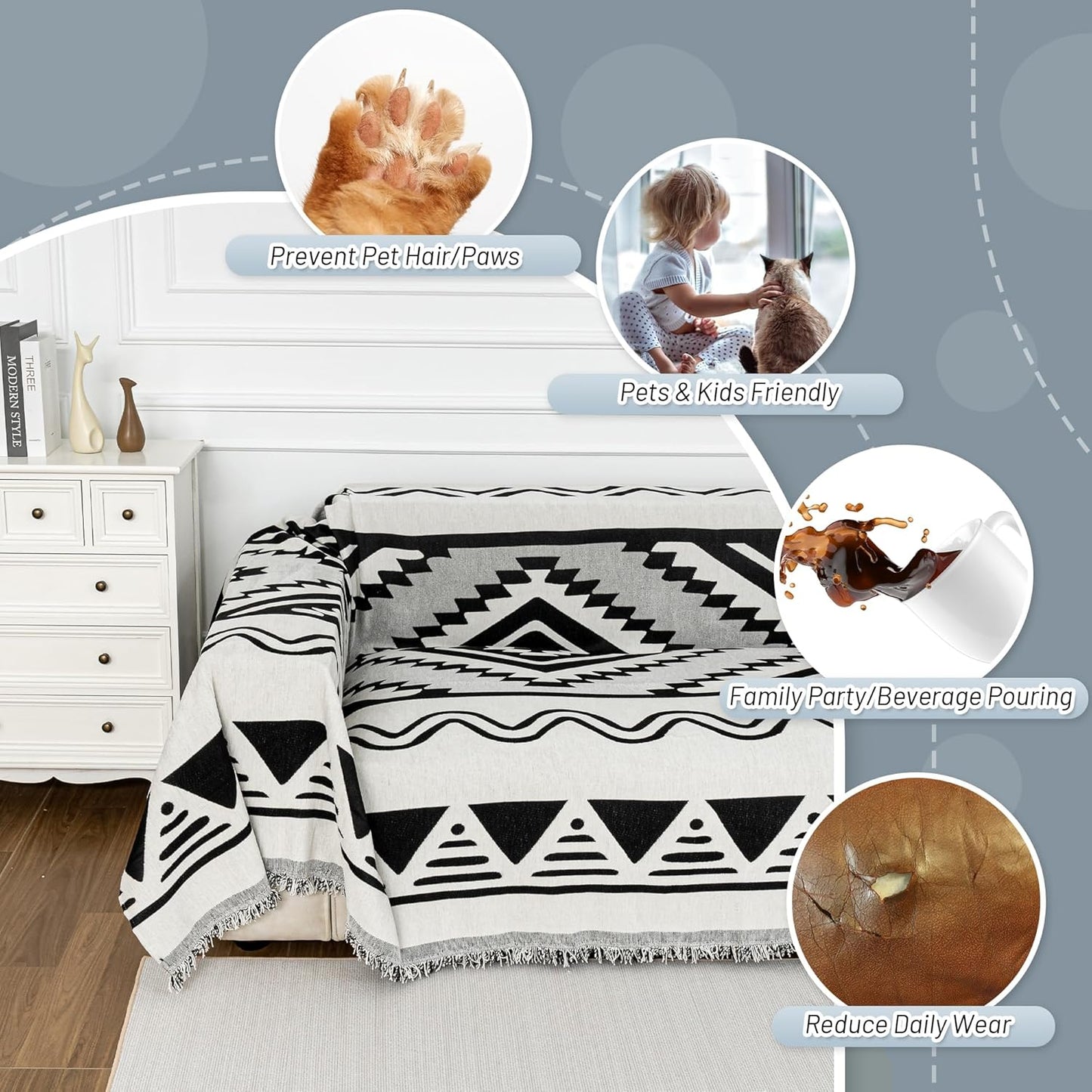 MYSKY HOME Couch Cover for Sectional Sofa Set Boho Geometric Furniture Sofa Cover Washable for Dog Cat Pets Couch Cover 3 Seat Sofa Chenille Couch Protector Multi-Use Couch Cover Blanket, 71" X134"