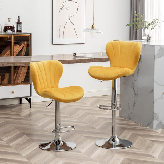 Roundhill Furniture Ellston Velvet Adjustable Swivel Barstools in Yellow, Set of 2