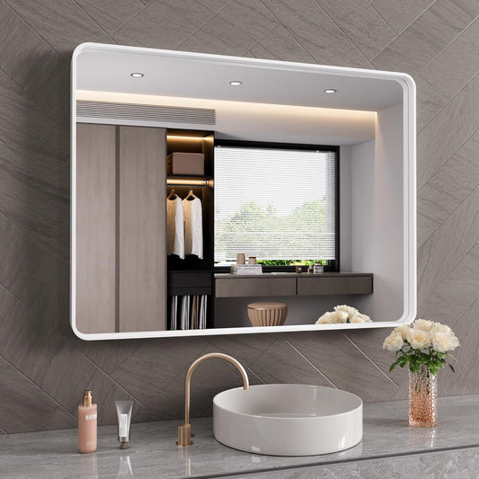 White Bathroom Mirror 40x30 Inch, White Metal Framed Bathroom Mirror for Wall, Rounded Rectangle Matte Bathroom Vanity Mirror, Tempered Glass, Anti-Rust, Horizontal/Vertical