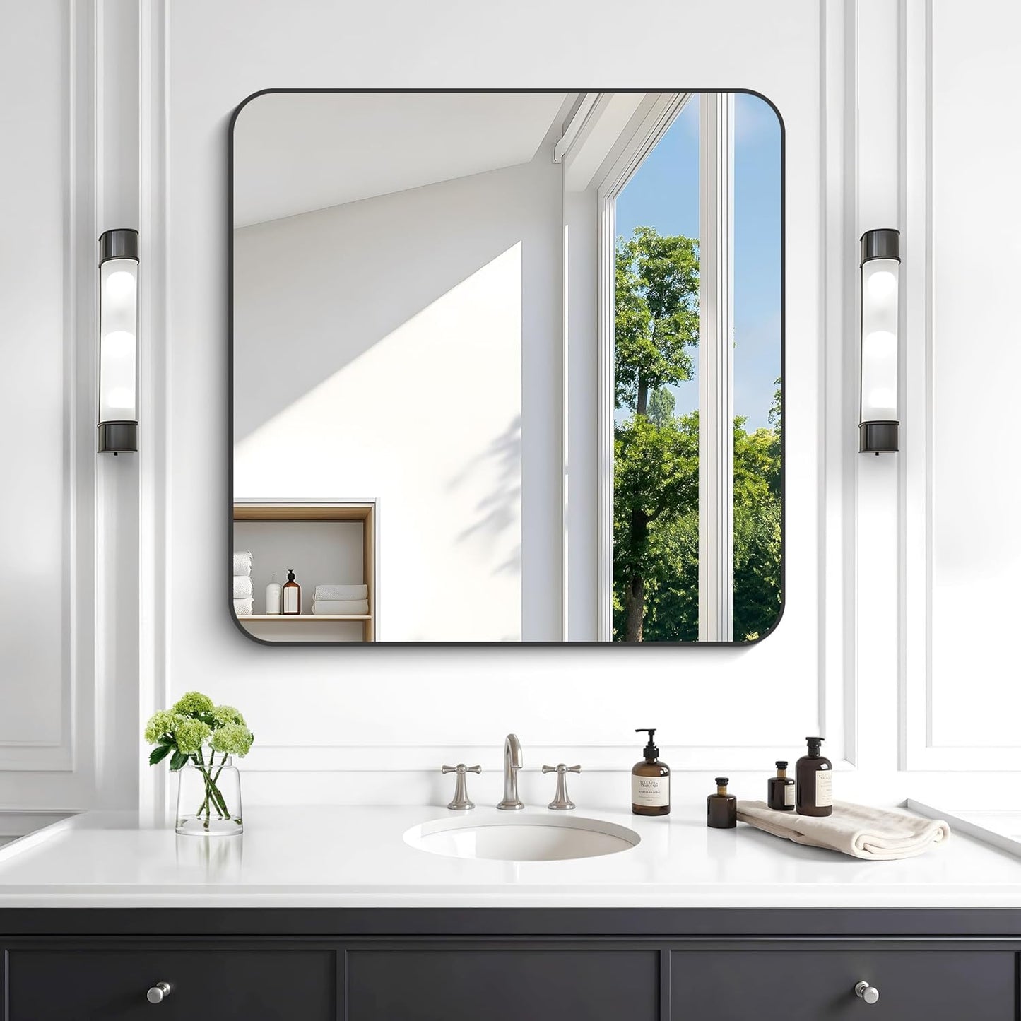 KOCUUY 30"x30" Square Rectangle Vanity Mirror, Black Metal Frame Mirror with Rounded Corner, Modern Design of Upgraded Shatterproof Glass for Bathroom, Bedroom, Living Room, Entryway