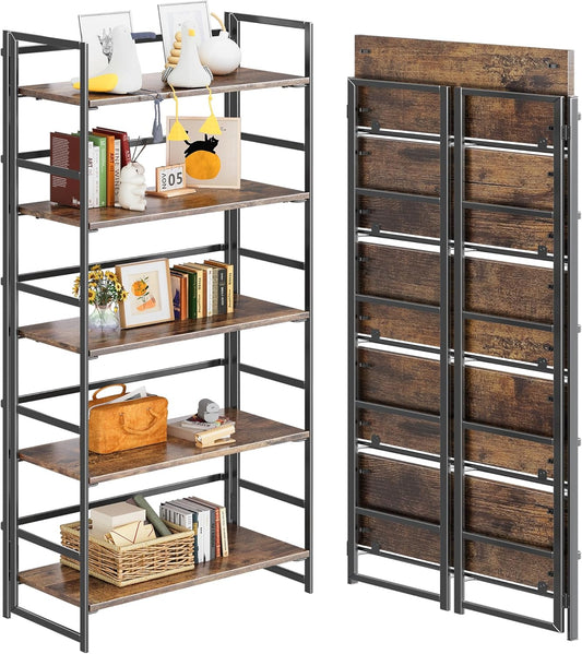 4NM No Assembly 5 Tiers Book Shelves, Black Folding Bookshelf Bookcase Open Industrial Foldable Shelves for Bedroom, Living Room, Home Office - Rustic Brown Black