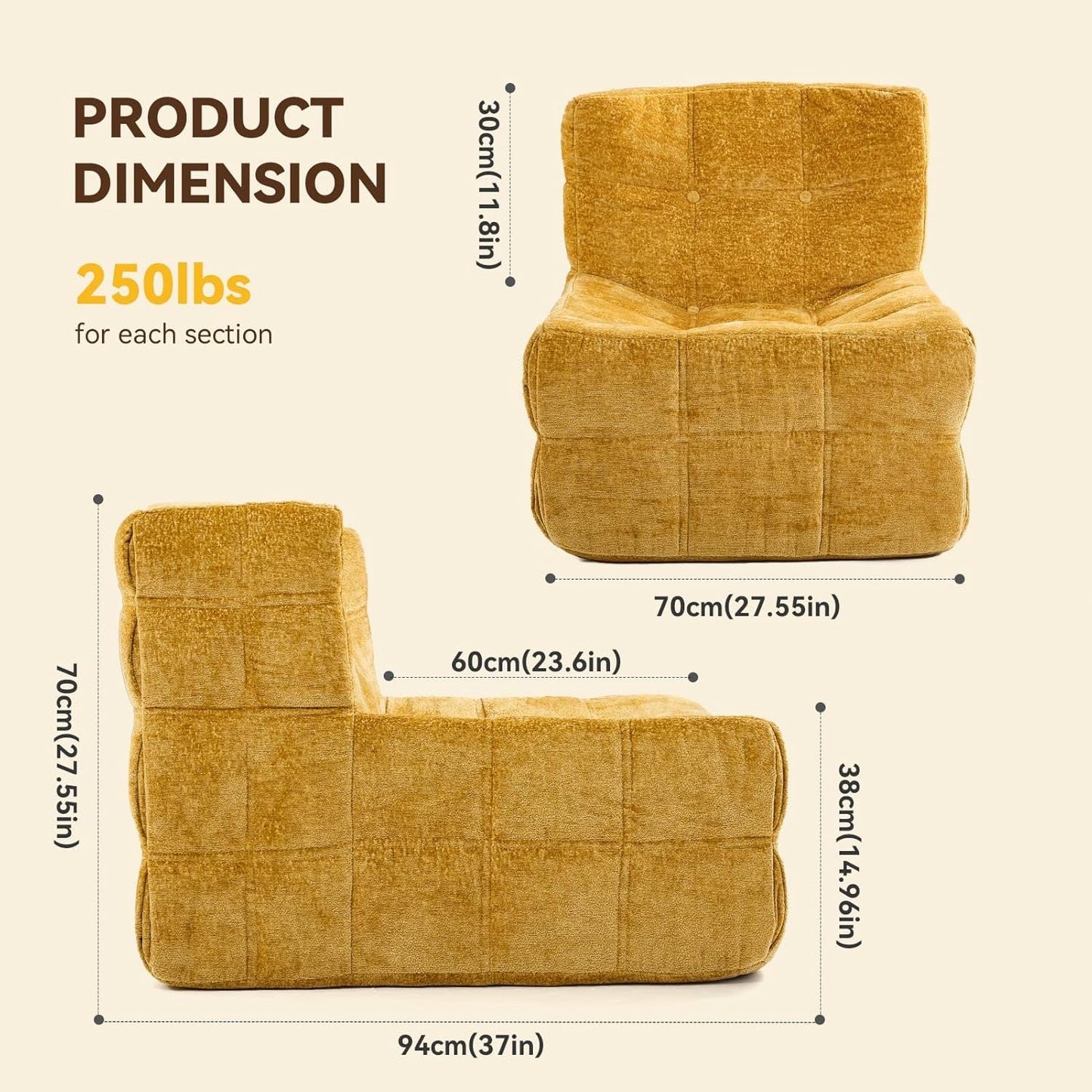 Bean Bag Chair, Soft Chenille Pre-Filled Lazy Chair Floor Sofa Bean Bag Chair for Adults and Teens, Accent Chair for Living Room Bedroom Apartment (Yellow)