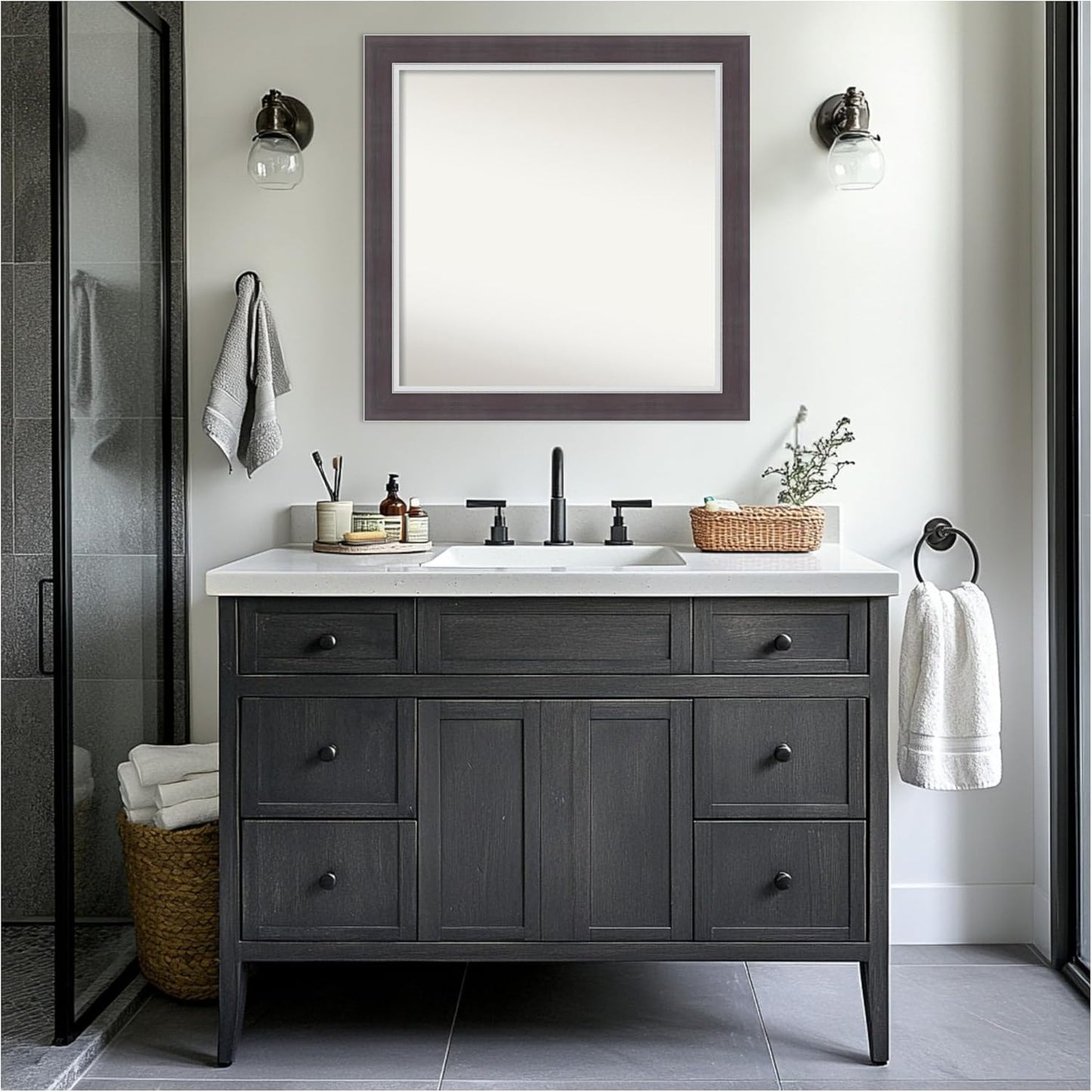 Amanti Art Brown Bathroom Mirror for Over Sink, 32x32 Ellie Brown Silver Square Vanity Mirror, Large Modern Contemporary Frame, Hangs Horizonally and Vertically, Bathroom Wall Decor, Non-Beveled Edge