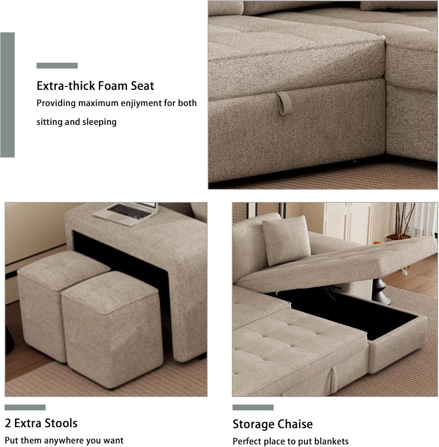 Ball & Cast 104" L-Shape Sectional Sofa with Storage Chaise and 2 Stools,Pull-Out Bed,3-Seat Chenille Reversible Couch w/Storage Armrest,for Living Room,Apartment,Cream