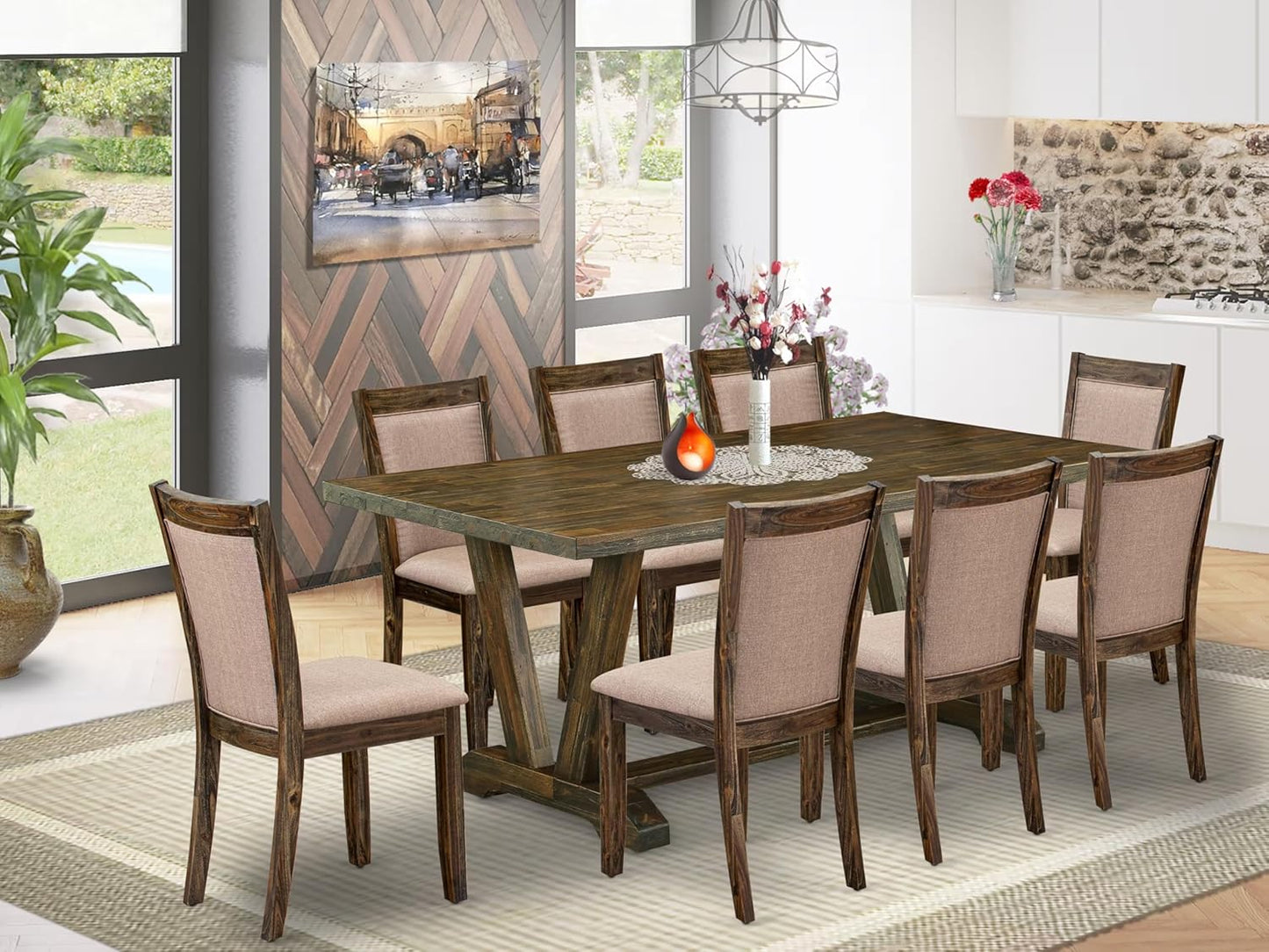 East West Furniture V777MZ716-9 9 Piece Dining Table Set Includes a Rectangle Dining Room Table with V-Legs and 8 Dark Khaki Linen Fabric Parsons Chairs, 40x72 Inch, Multi-Color