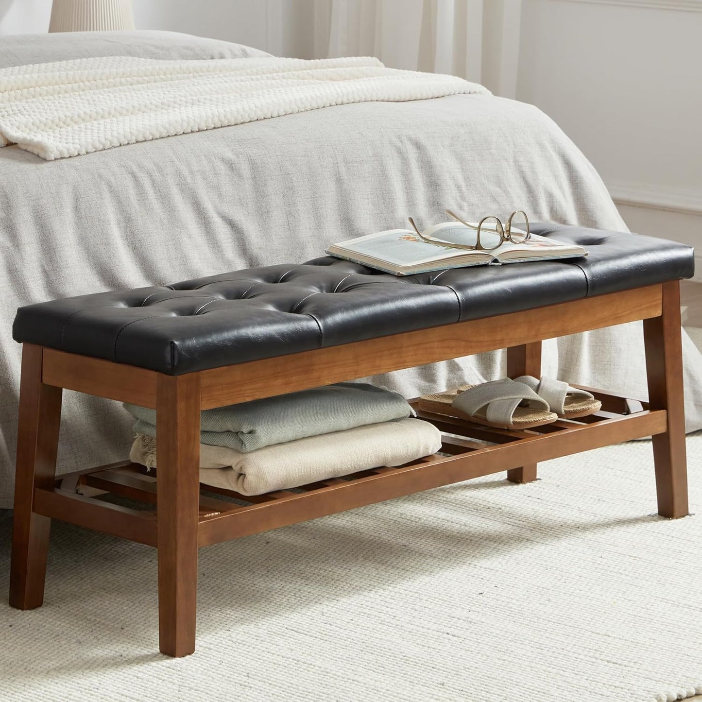 Upholstered Shoe Bench Entryway Bench for Bedroom, End of Bed, Ottoman Bench Tufted Padded Seat with Solid Wood Shelf for Living Room, Faux Leather Black