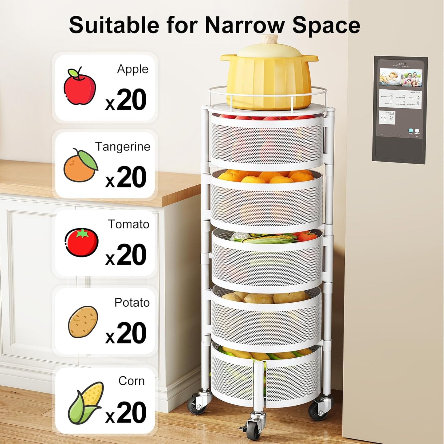 SAYZH Fruit Vegetable Basket for Kitchen, Rotating Storage Rack, 5 Tier Rolling Cart with top lid, Large Metal Wire Wheels (White)