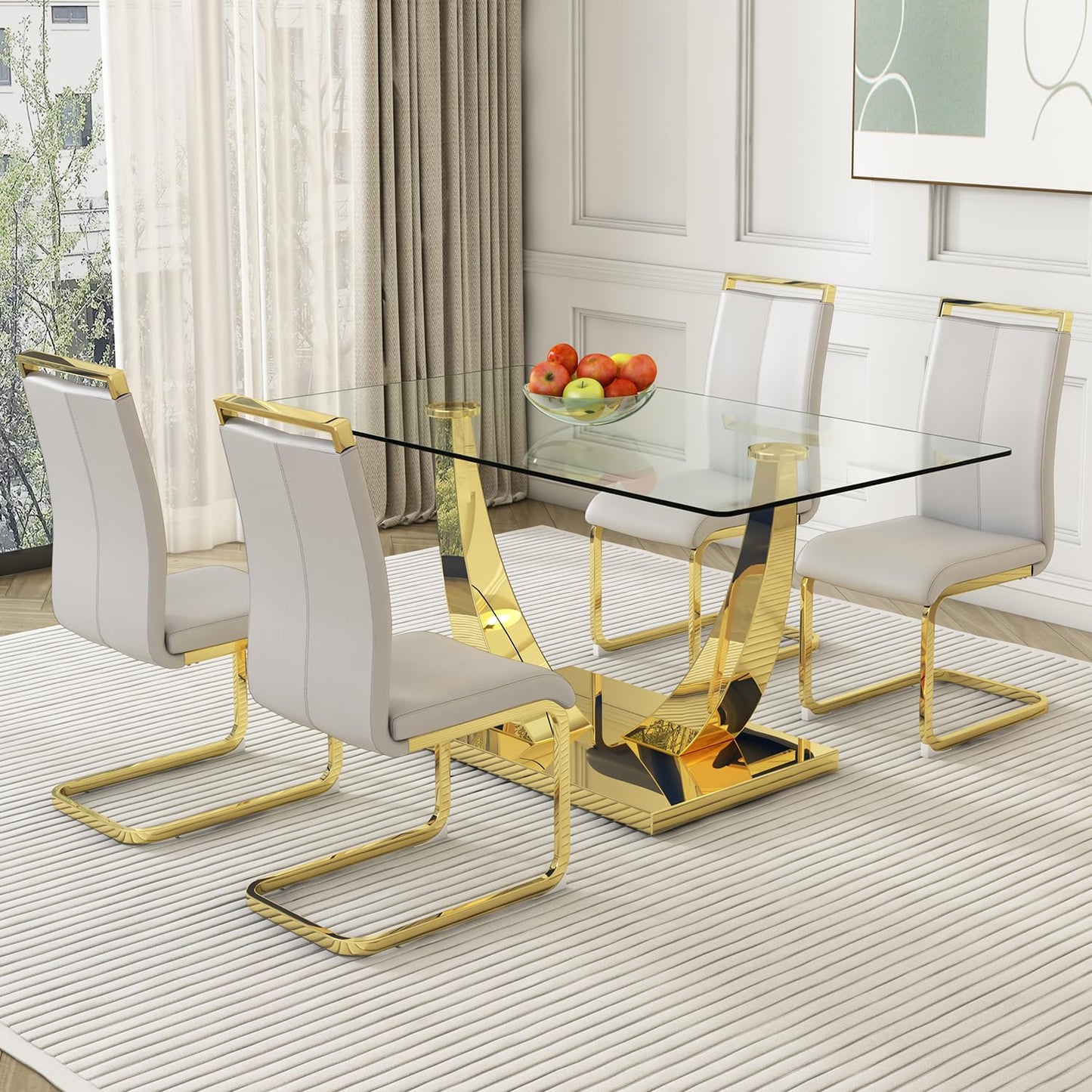 Modern Dining Chairs Set of 4,High Back Kitchen Chairs,Faux Leather Side Chair with Gold Plated Metal Legs,Easy to Clean Upholstered Dining Chairs,Ideal for Living Room(Gold Leg)